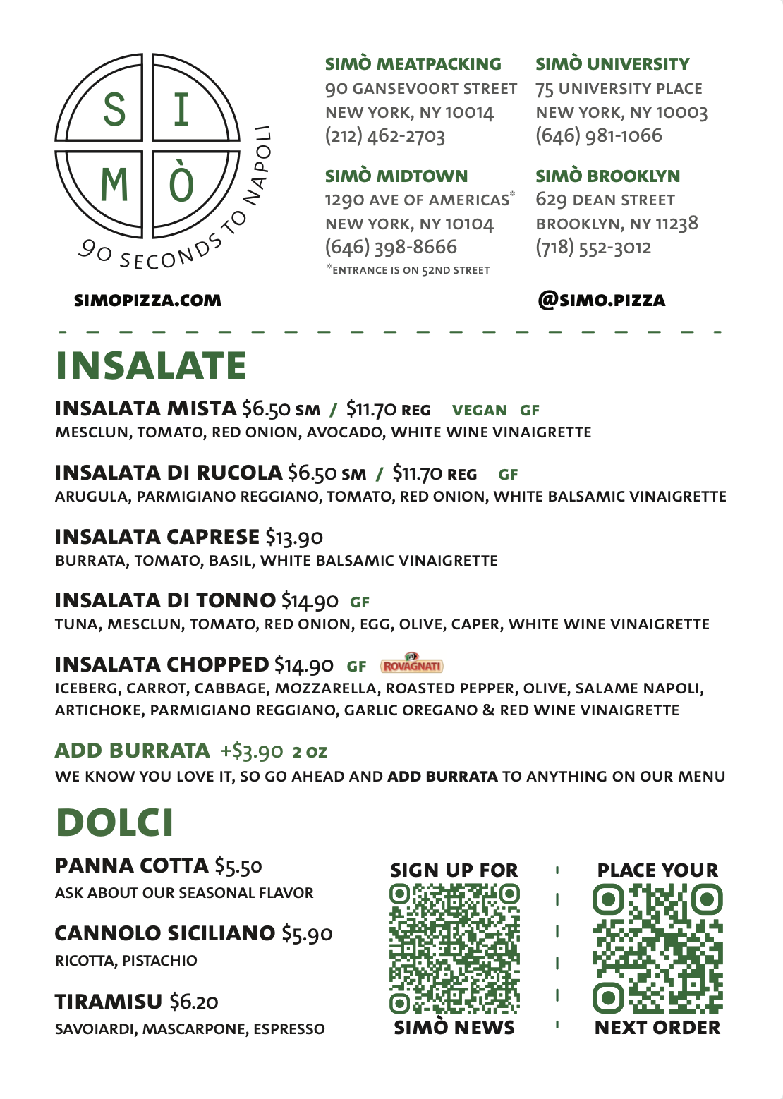 The backside of a 5" x 7" to-go menu