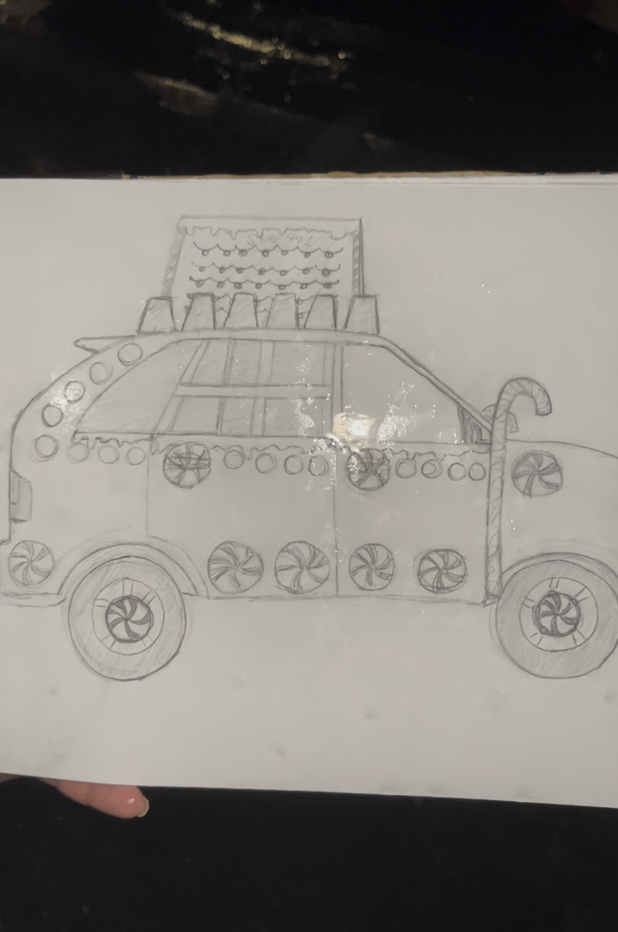 A pencil sketch of a vintage decorated car with large wheels, multiple round headlights, and a Christmas tree with ornaments on top.