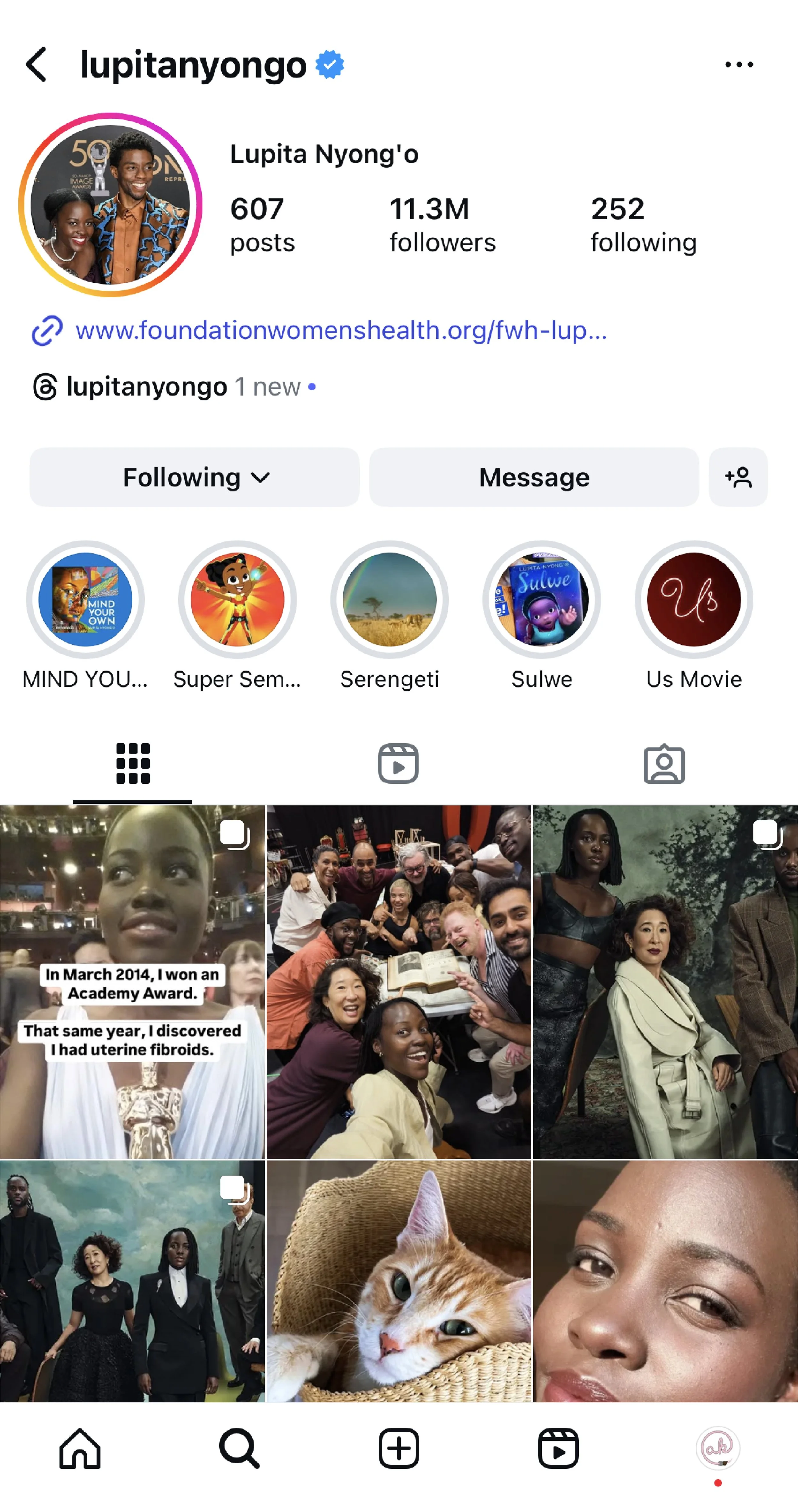 Instagram profile page of Lupita Nyong'o showing her profile picture, follower count, and several photo posts including group pictures, a portrait, a cat, and a woman.