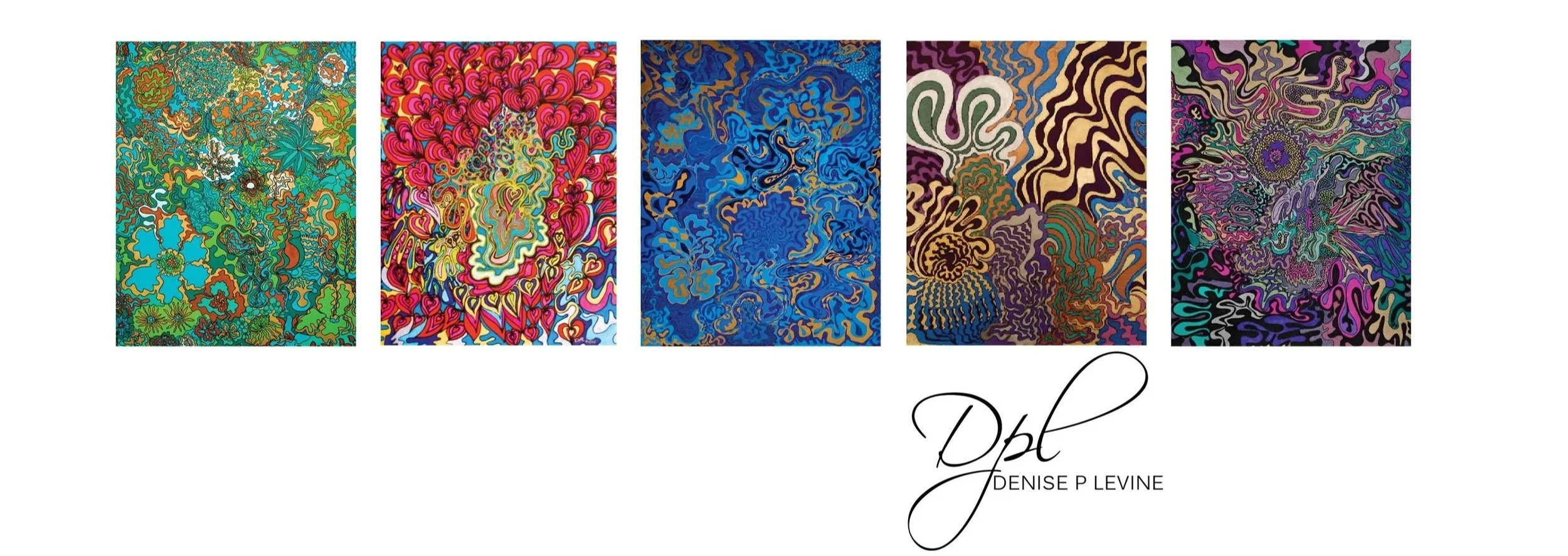 Five abstract, colorful digital paintings with intricate, swirling patterns. The artist's signature, 'DPL' and the name 'Denise P Levine,' are displayed below the artworks.