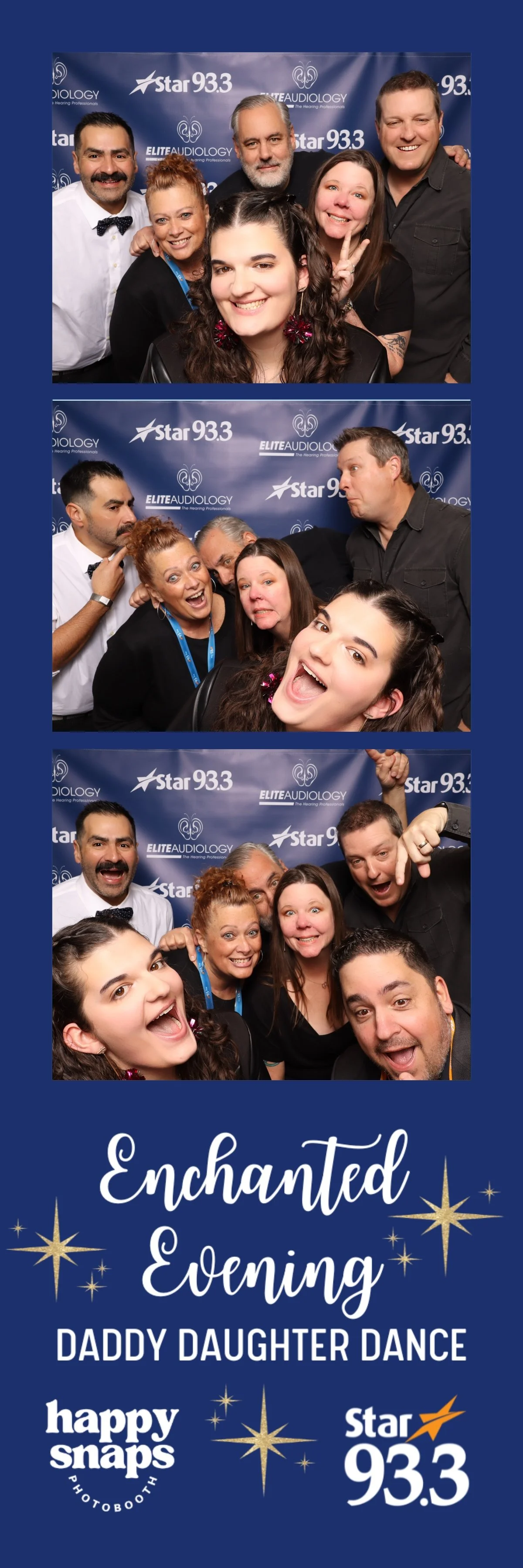 Photo booth strip with three pictures of a group of people at an event called "Enchanted Evening Daddy Daughter Dance" sponsored by Star 93.3 and Happy Snaps. The group is having fun, making funny faces, and posing together in front of a blue backdro