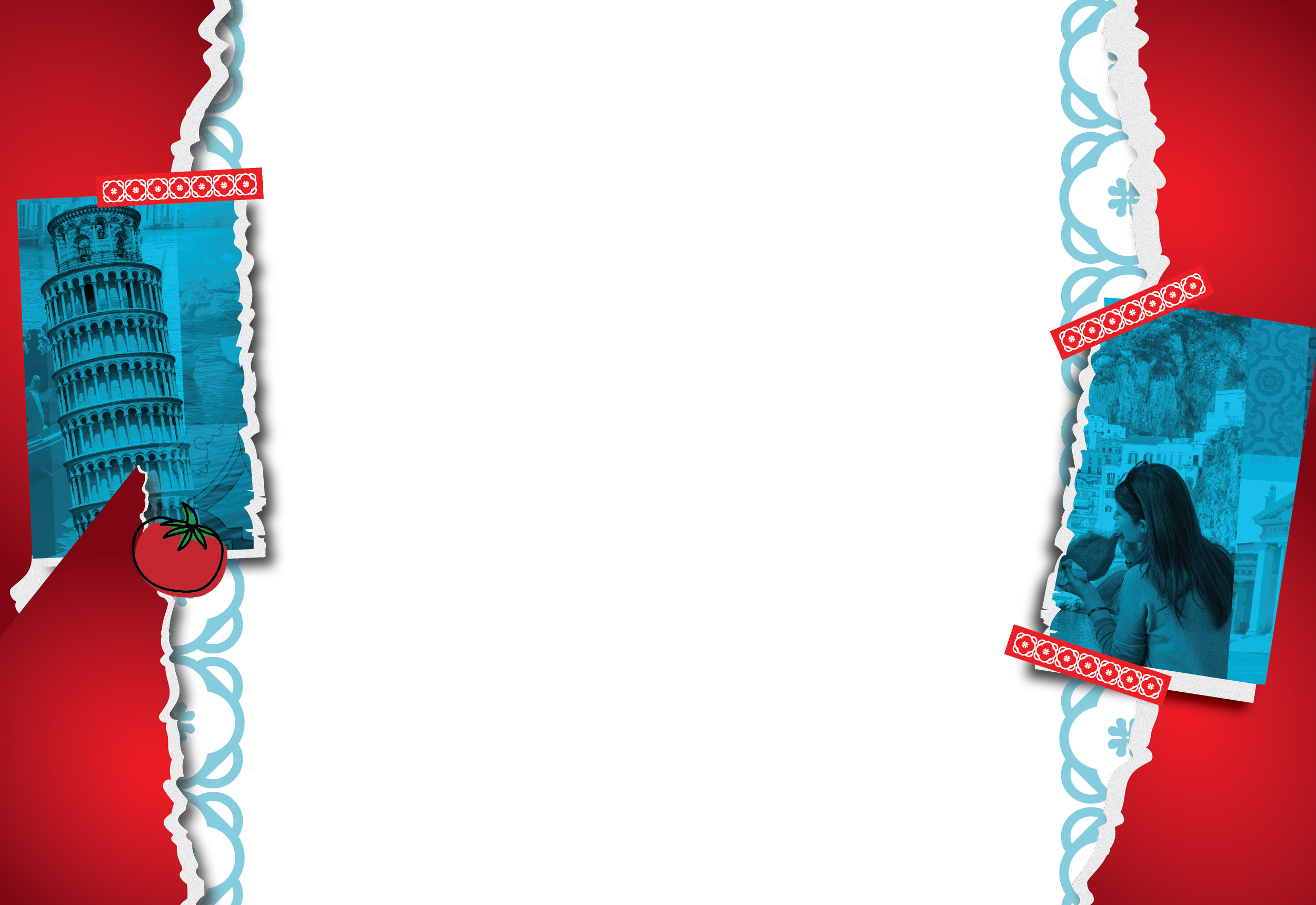 A colorful travel-themed photo frame with red, blue, and white decorative borders, featuring images of the Leaning Tower of Pisa, a woman sightseeing, and a scenic cityscape, accented with small tomato and floral embellishments.