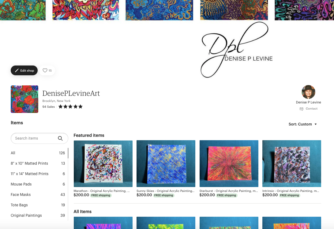 Screenshot of an online art shop showcasing vibrant, abstract acrylic paintings with colorful, swirling, and splattered patterns. The header features a series of small, colorful textured images, and the shop is operated by Denise P Levine, based in Brooklyn, New York.