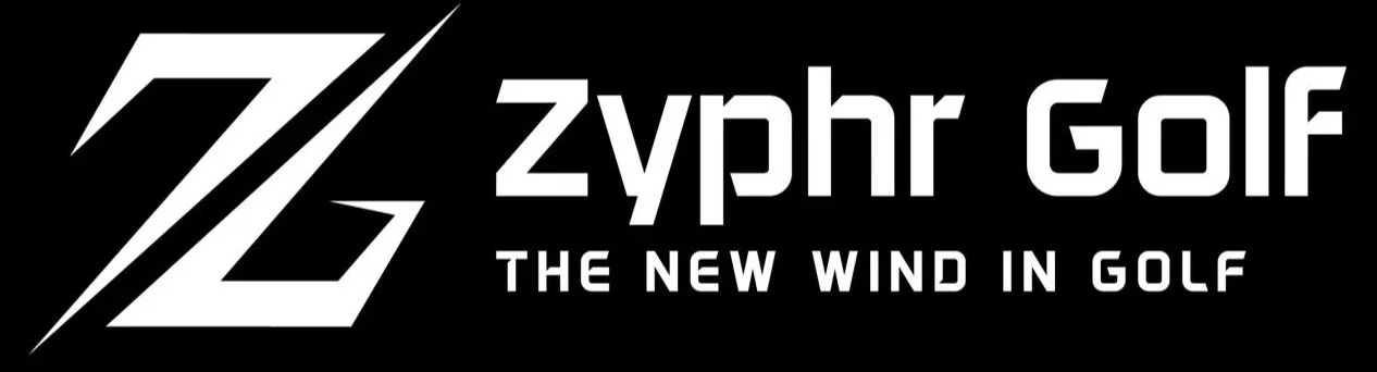 Black background with a stylized white logo resembling a lightning bolt or a Z, with the text 'Zyphr GOLF' and the tagline 'THE NEW WIND IN GOLF' written below.