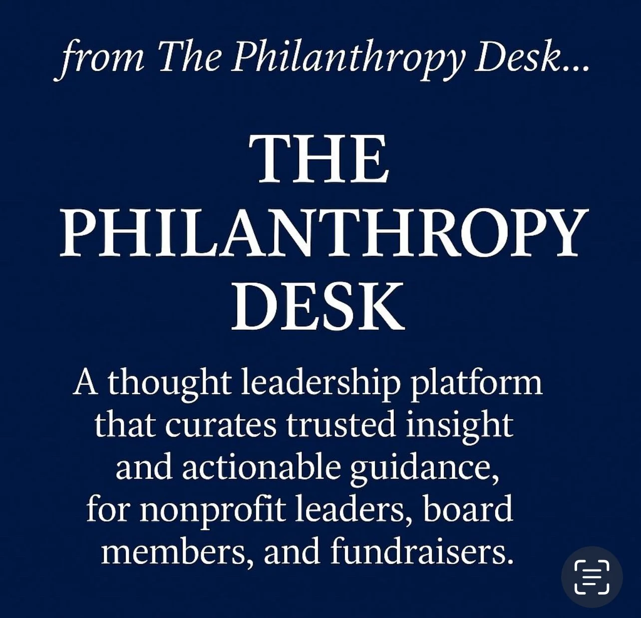 Book cover titled "The Philanthropy Desk" with subtitle describing it as a thought leadership platform for nonprofit leaders, board members, and fundraisers.