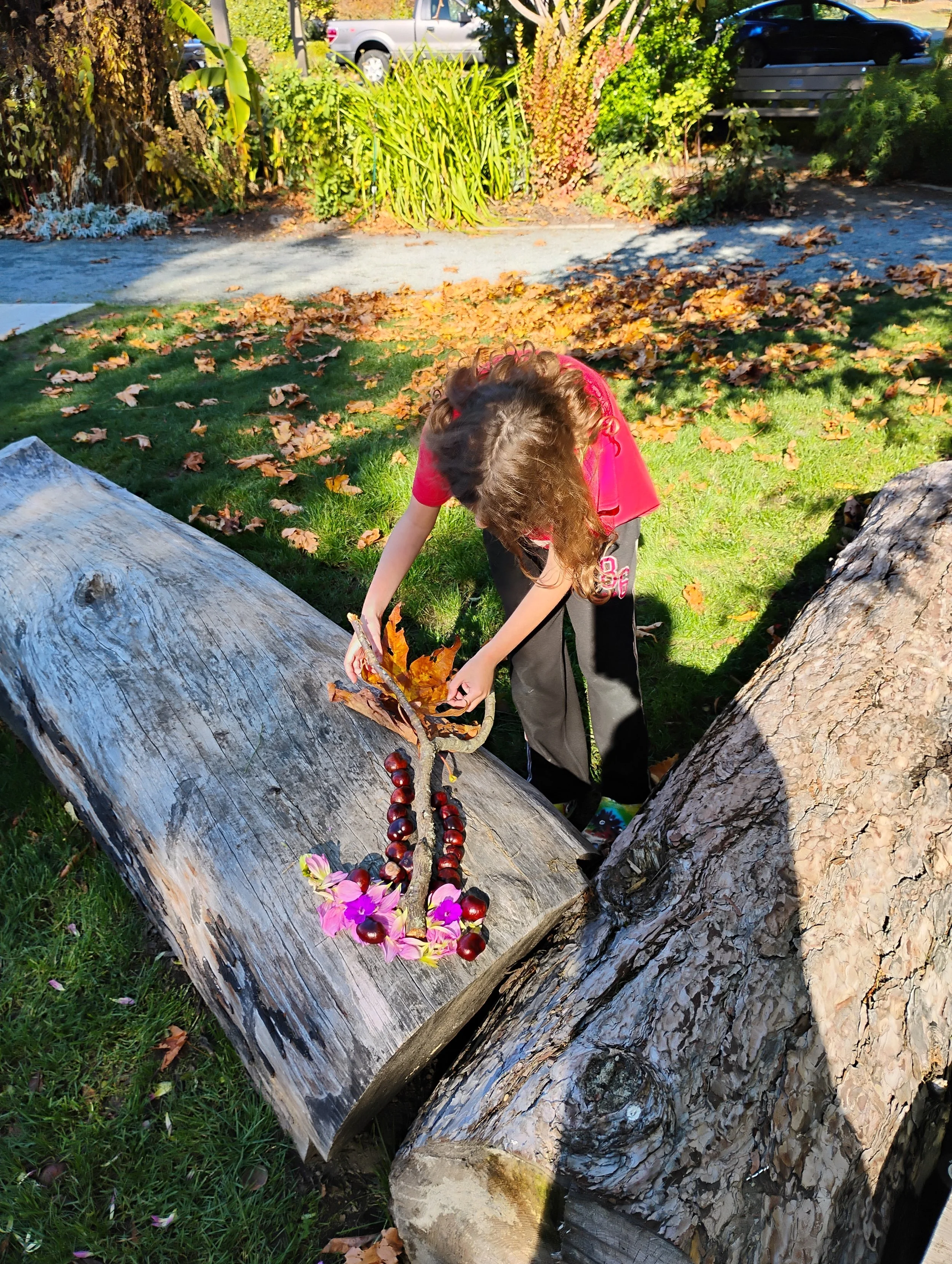 Student outdoors assembling a nature object
