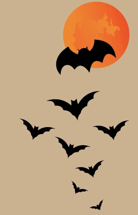 Black bat silhouettes flying in front of an orange full moon on a tan background