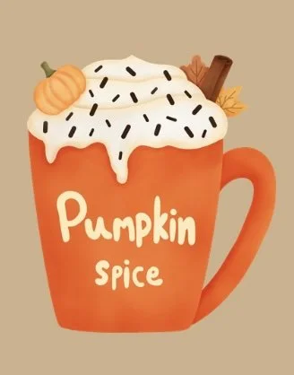 Illustration of an orange pumpkin spice mug topped with whipped cream, pumpkin, and autumn leaves