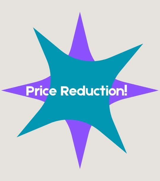 Promotional graphic announcing “Price Reduction!” in bold white text over teal and purple starburst shapes