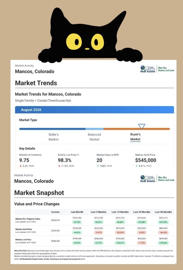 Black cartoon cat peeking over a Mancos, Colorado real estate market trends and market snapshot report showing a buyer’s market.