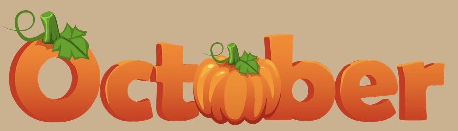 Decorative orange pumpkin lettering spelling “October” with green leaves and curling stems.