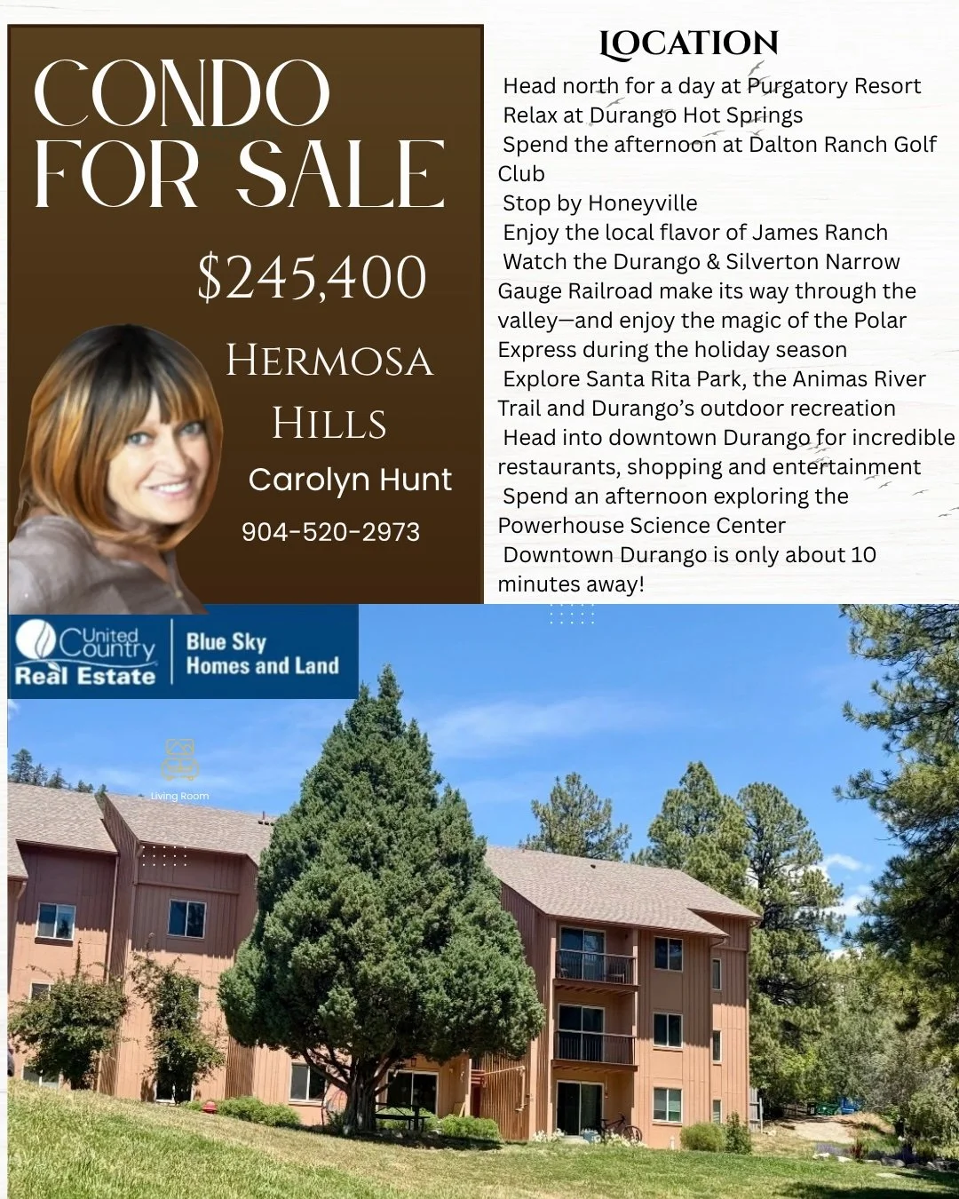 Condo for sale in Hermosa Hills, Colorado, listed at $245,400 by Carolyn Hunt, featuring a wooded multi-story building and local Durango attractions.