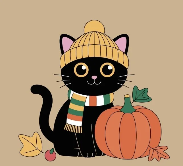 Cute black cat wearing a yellow knit hat and striped scarf beside an orange pumpkin and autumn leaves