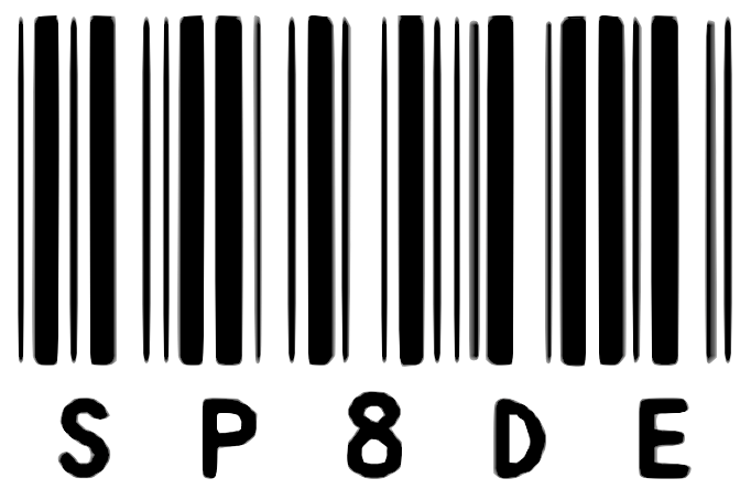 Stylized barcode with the text 'SP8DE' underneath.