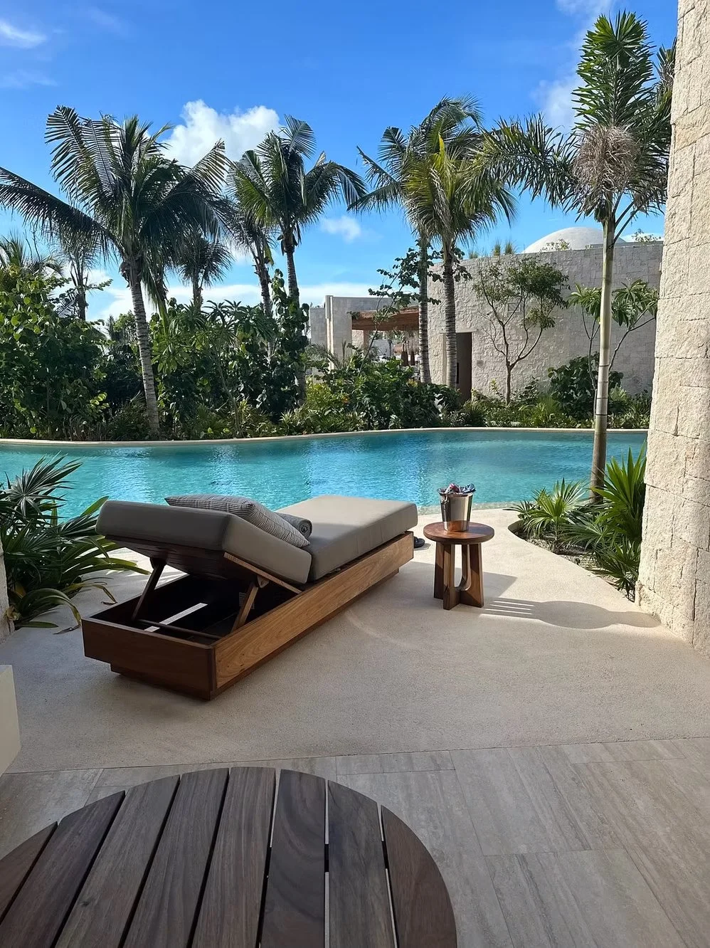 A private poolside area with a lounge chair, a small wooden side table with a bucket, surrounded by tropical plants and palm trees, under a blue sky.
