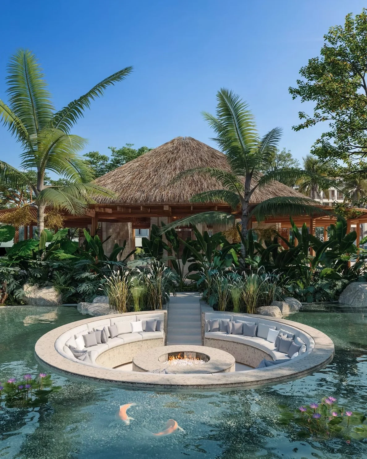 A tropical resort with palm trees, a thatched-roof building, and a circular hot tub with seating around a fire pit on the water, with koi fish swimming below.