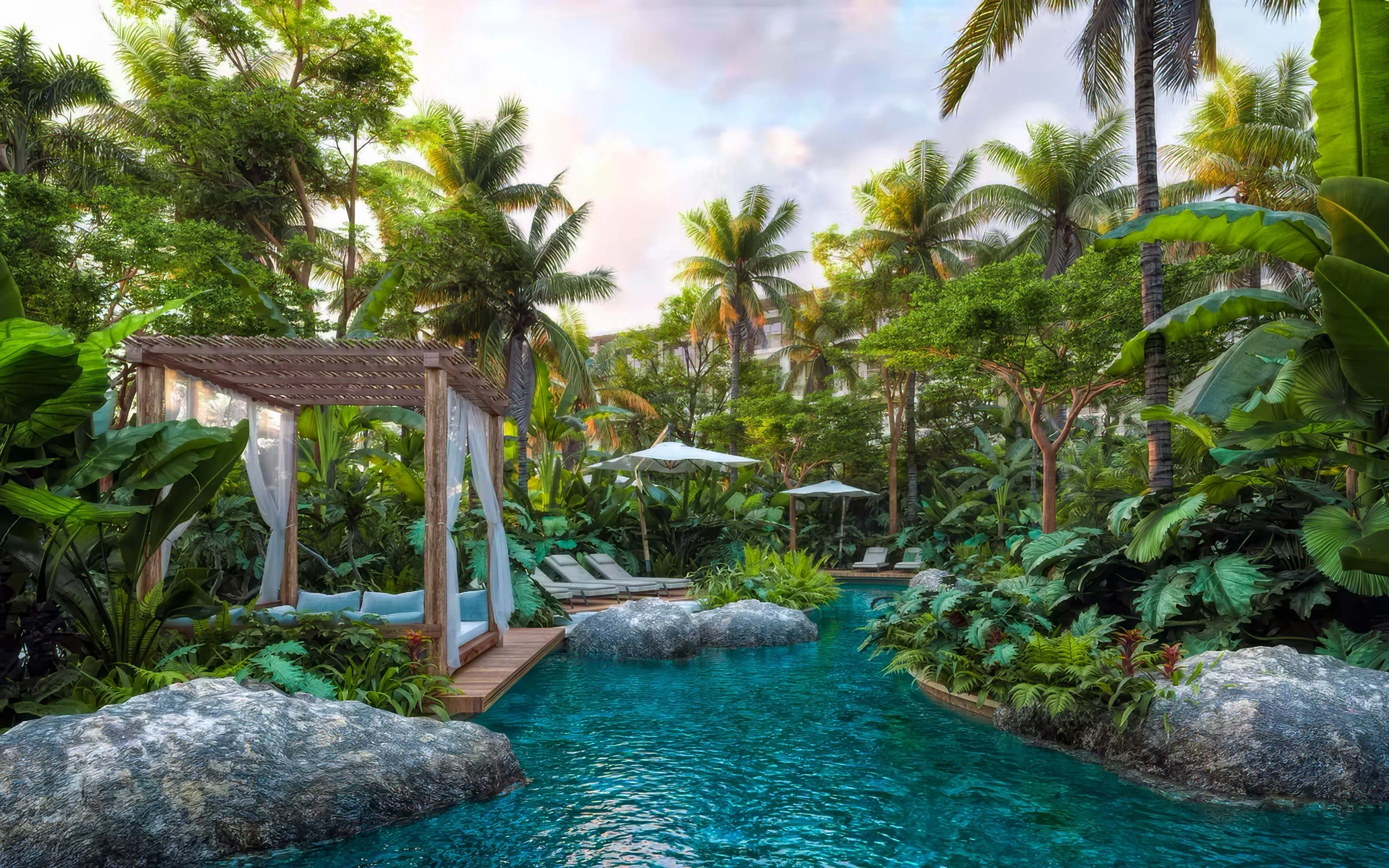 Lush tropical pool area with a thatched cabana, lounge chairs, umbrellas, and dense green foliage and palm trees.