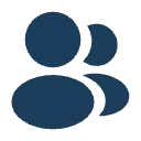 Icon of three stylized people or figures in dark blue