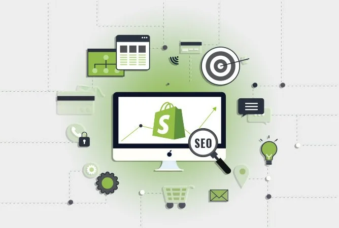 Digital marketing and e-commerce illustration featuring a computer monitor, Shopify logo, SEO magnifying glass, shopping cart, light bulb, target, chat bubble, email icon, lock, gear, and wireless signals on a light background.