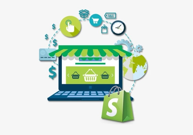 Illustration of online shopping on a laptop, with shopping cart icons, a shopping bag, globe, and various digital icons representing e-commerce and global sales.