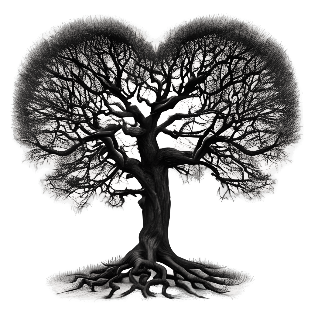 Black silhouette of a leafless tree with intricate branches, viewed from the ground against a white background.