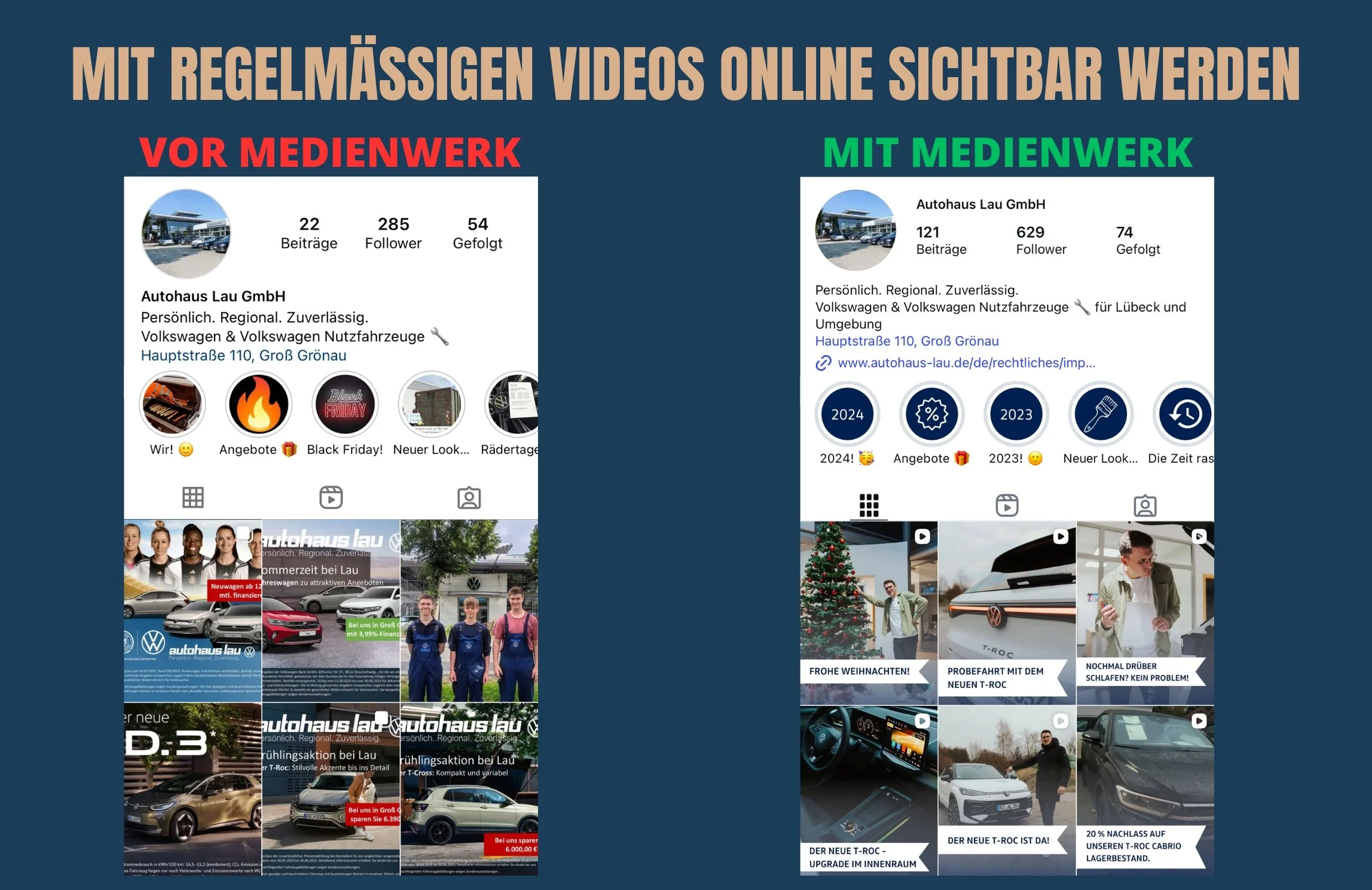 Vergleich von Social-Media-Profilen vor und nach der Nutzung eines Medienwerks, zeigt Beiträge und Videos eines Autohauses mit zusätzlicher Beschreibung der Inhalte.