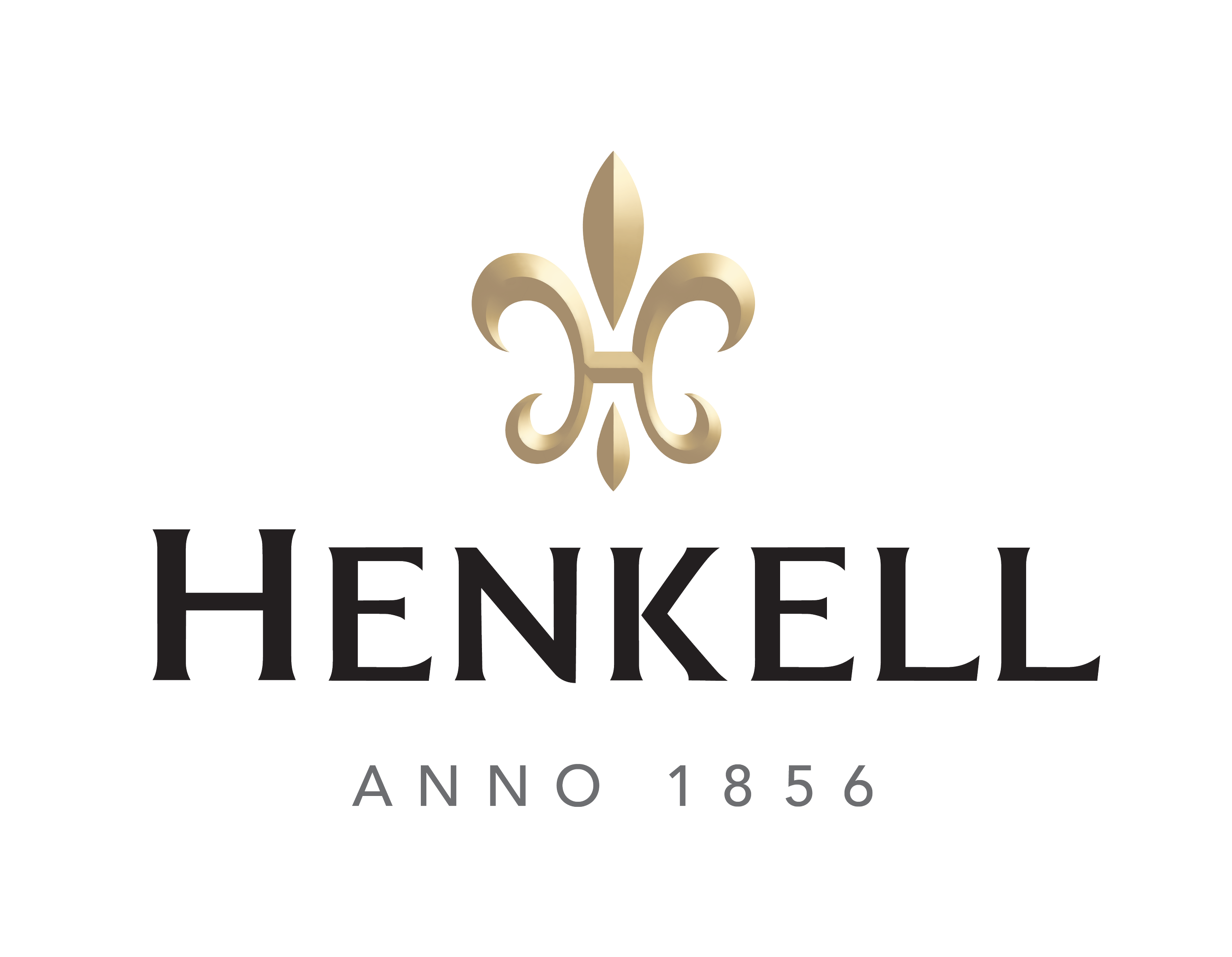 Logo der Firma Henkel mit Goldenem Lilienzeichen, schwarzem Hintergrund, schwarzer und weißer Schrift, und dem Jahr 1856 in Grau, darunter die Worte 'Anfang' auf Deutsch.