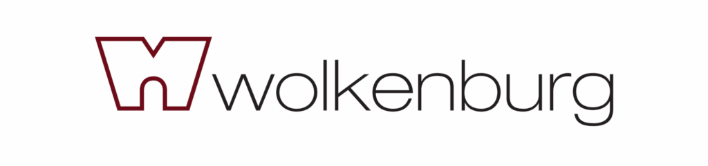 Logo mit dem Wort 'Wolkenburg' in schwarzer Schrift und einem roten W-Symbol darüber.