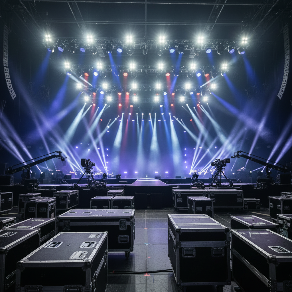 Leerer Musikbühne mit Beleuchtung und Kameraausrüstung für eine Veranstaltung.