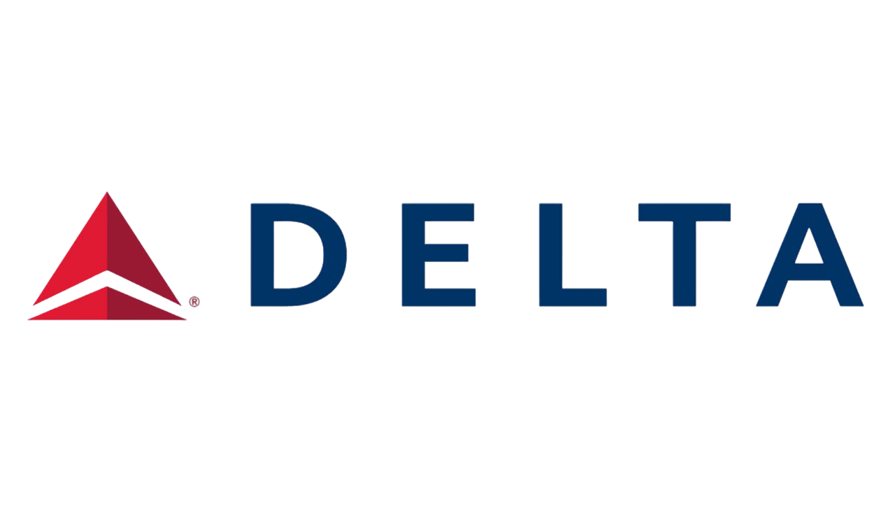 Das Logo von Delta Airlines mit einem roten Dreieck und dem Firmennamen in blauer Schrift.