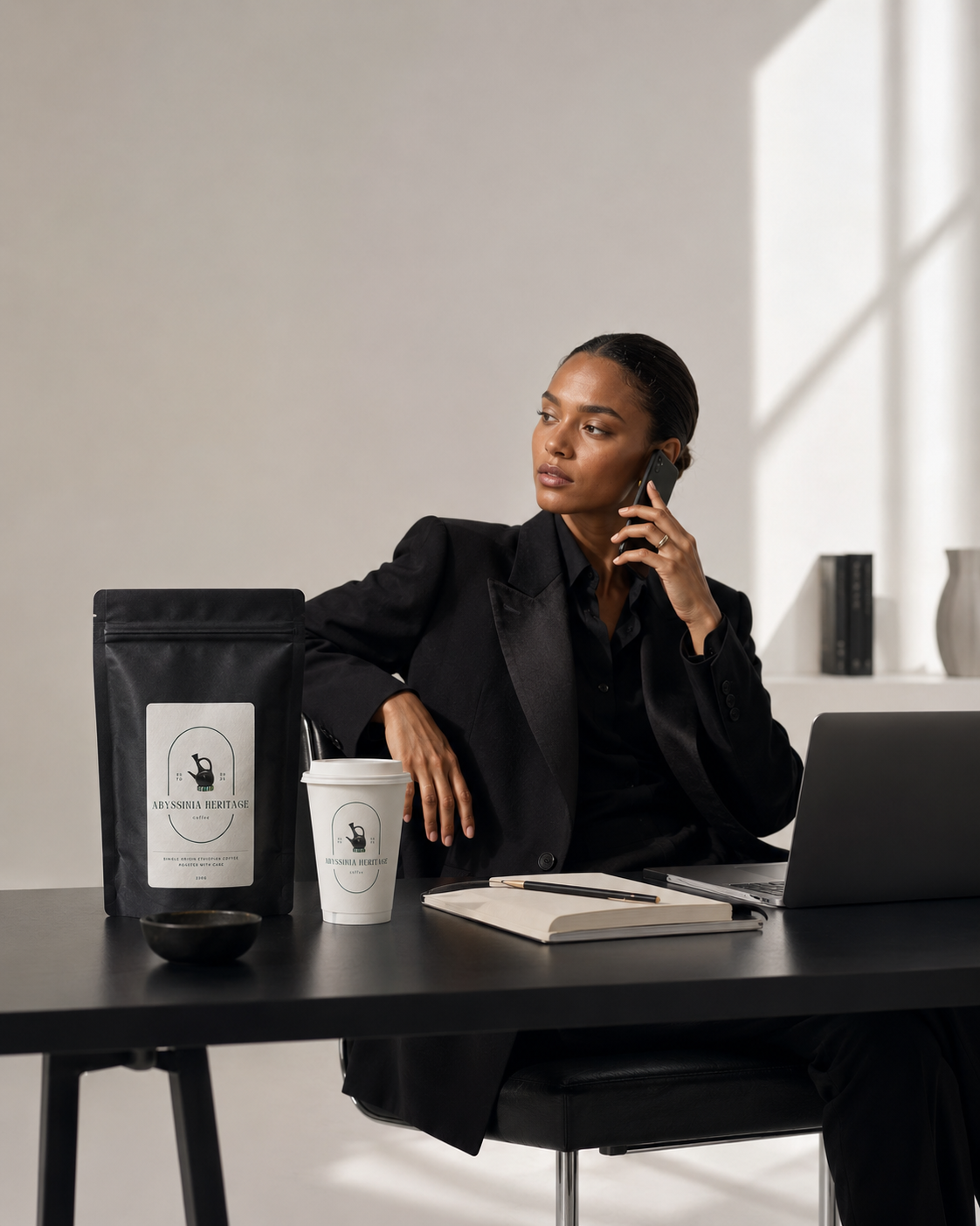 A woman in a black suit sitting at a desk, holding a phone to her ear, with a laptop, notebooks, a white coffee cup, and a black coffee bag on the desk, in a minimalistic, modern office setting.