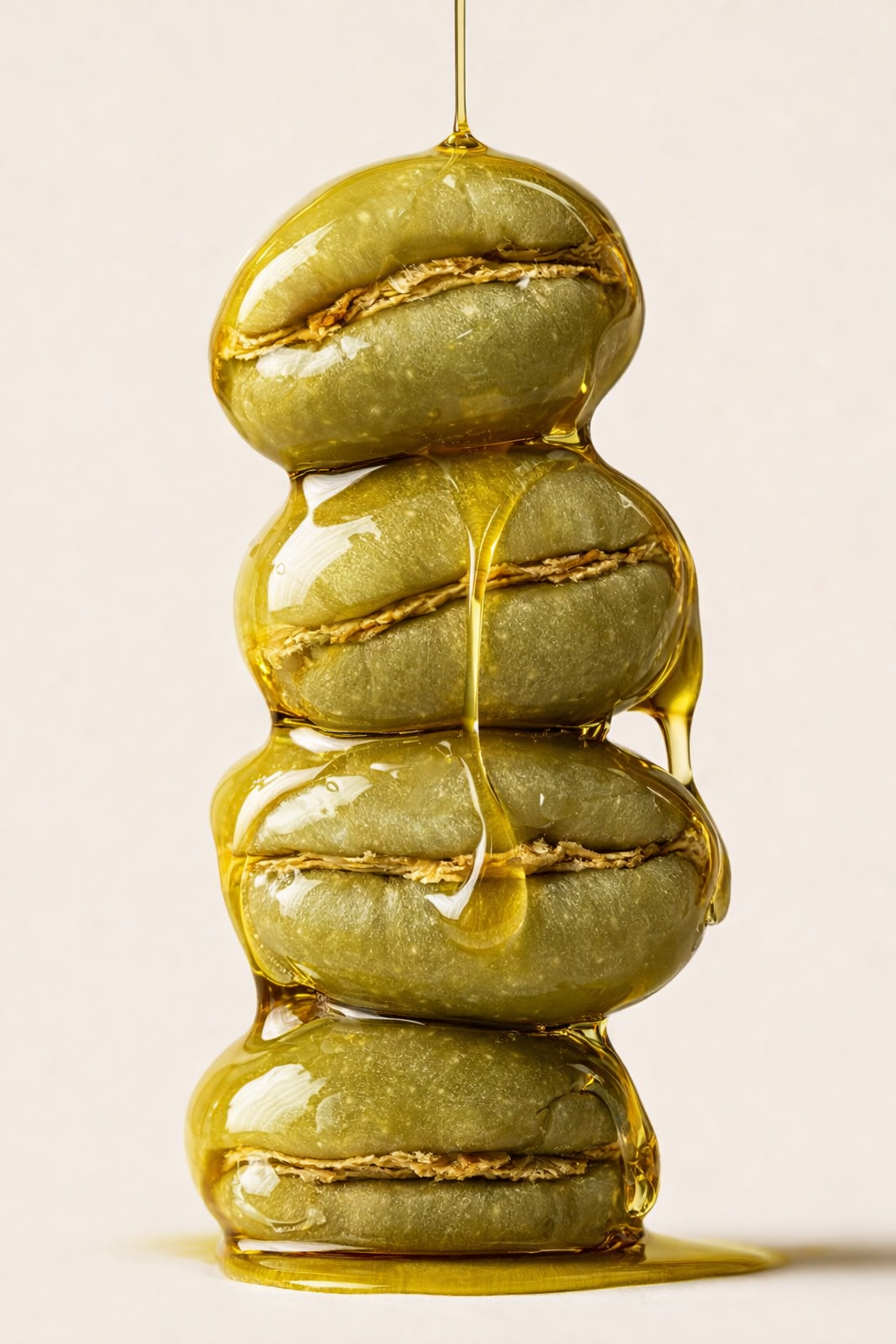 Stack of green olives drizzled with golden honey on a plain white background.