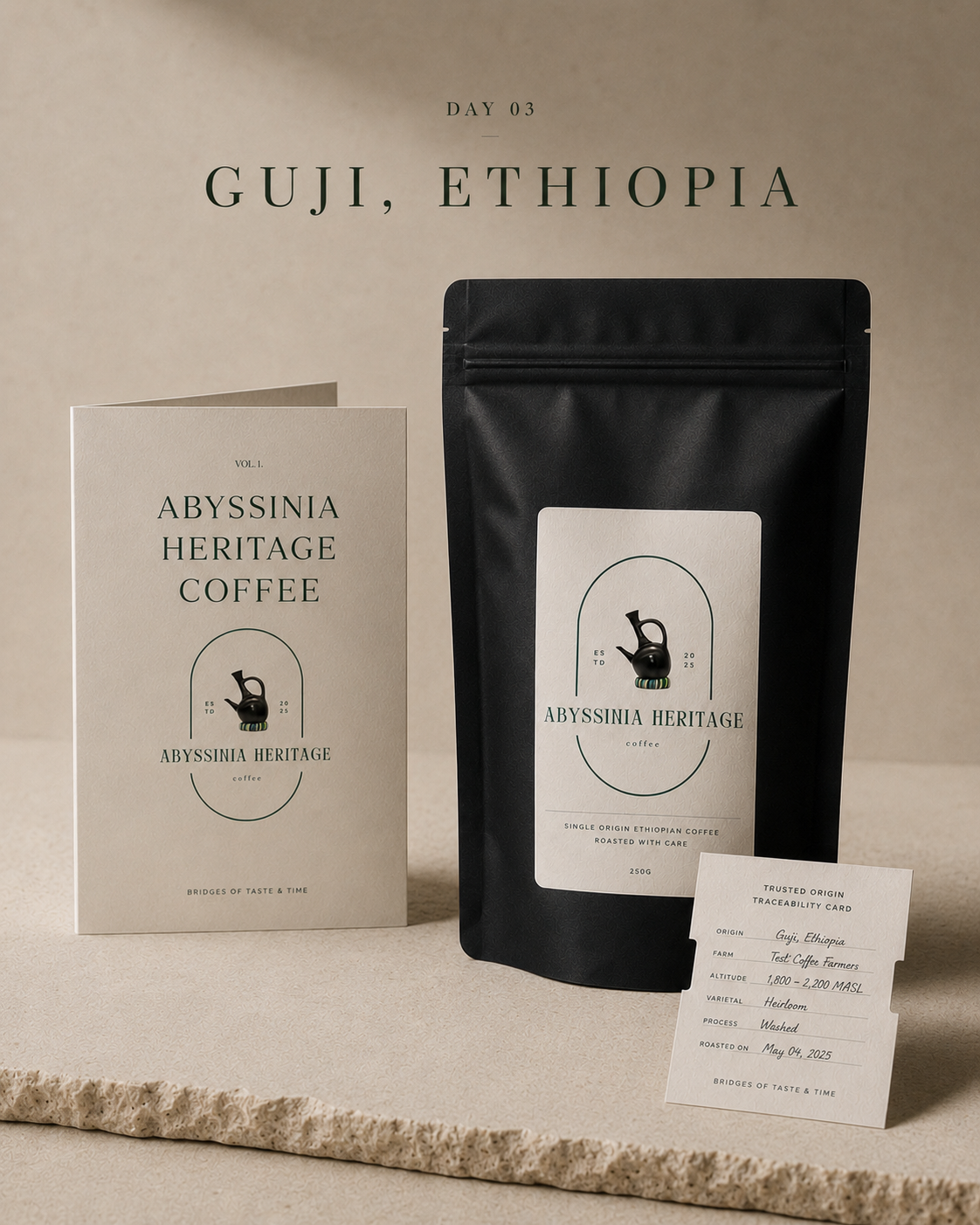 Packaging and a traceability card for Abyssinia Heritage Coffee from Guji, Ethiopia, including a black coffee bag, a white coffee box, and a small white card with origin, farm, altitude, varietal, process, and roasting date details.