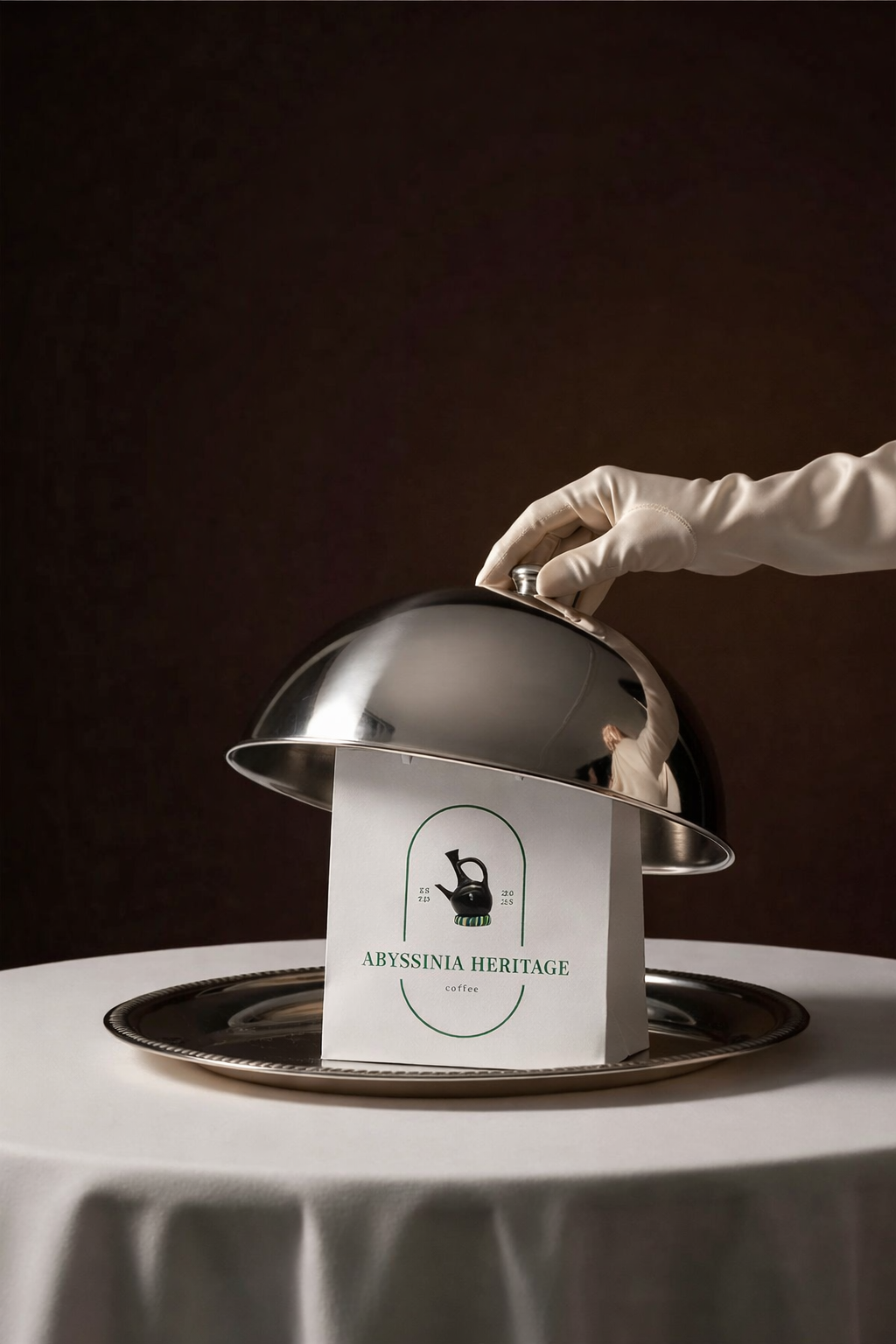 A silver tray with a silver cloche being lifted by a gloved hand to reveal a paper bag labeled 'Abyssinia Heritage Coffee' with a logo of a coffee pot. The tray is on a white tablecloth, and the background is dark.