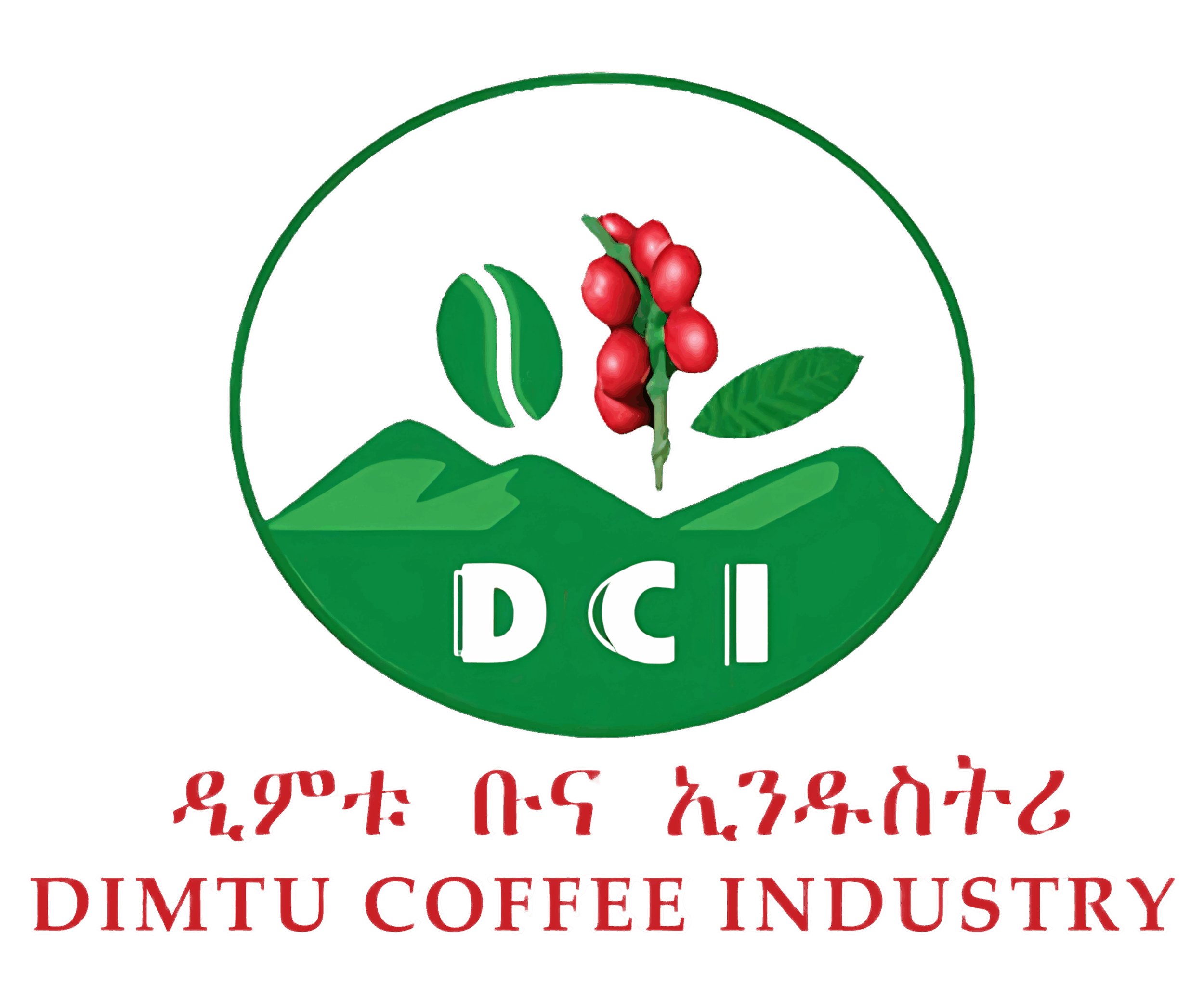Logo of Dimtu Coffee Industry featuring green mountains, coffee leaves, and red coffee cherries with Amharic and English text.