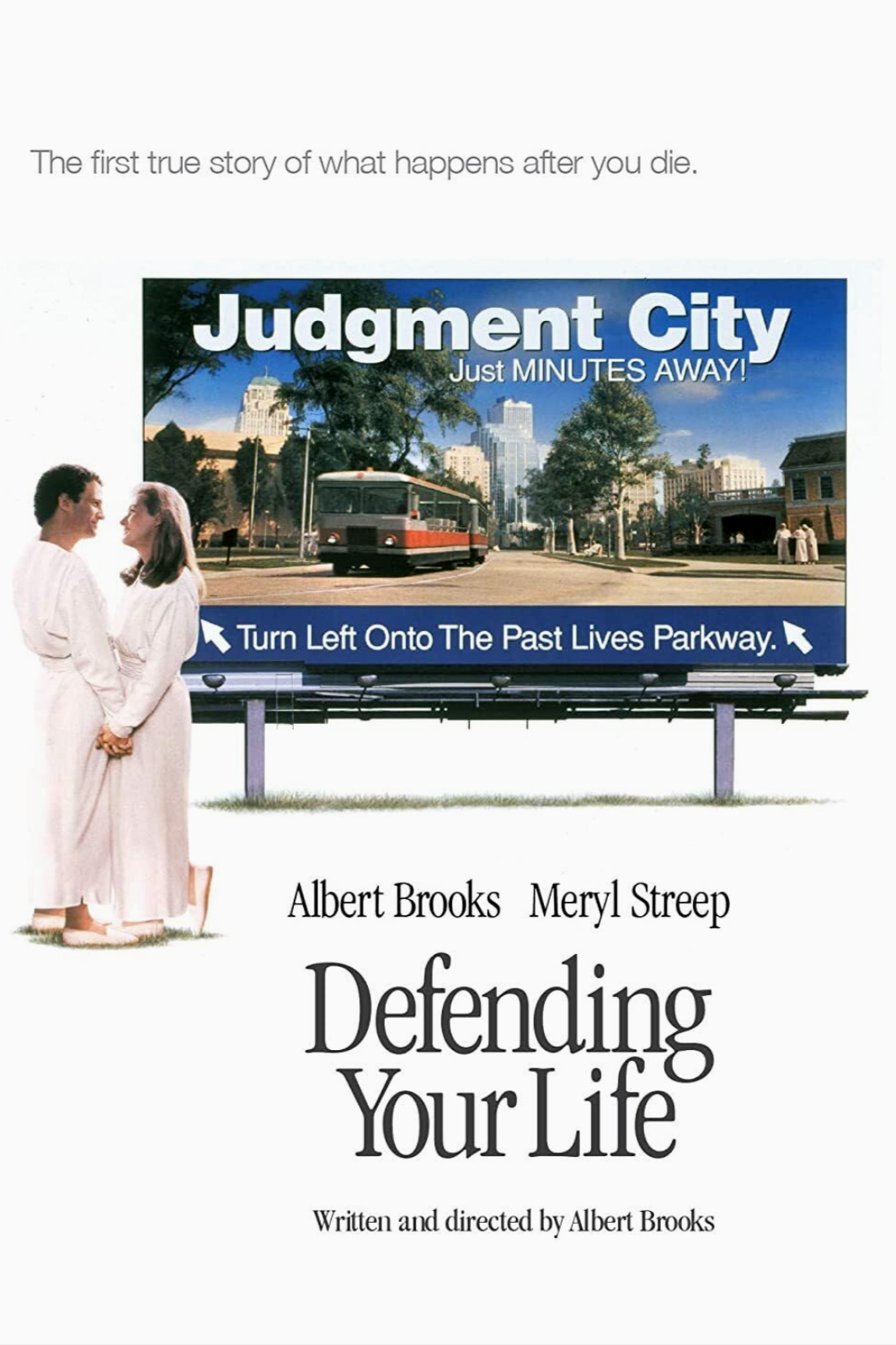 A movie poster for "Judgment City," featuring a man and woman in white robes holding hands and smiling at each other, with a cityscape and streetcar in the background, and the text "Defending Your Life" at the bottom.