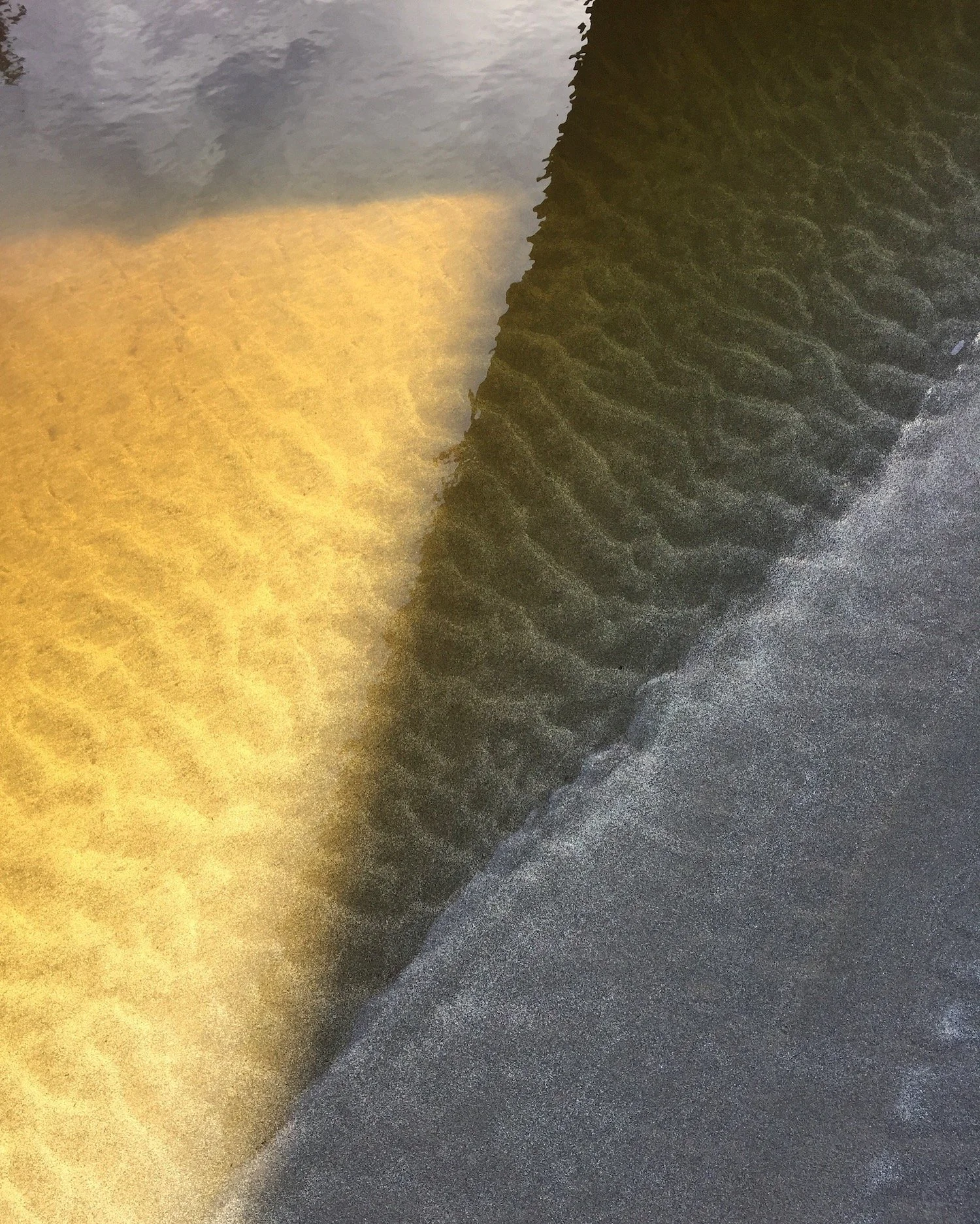 Close-up of a textured black rock surface beside a smooth yellow sand area with water reflection.