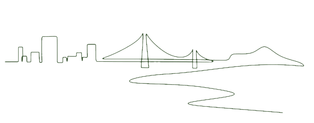 Outline drawing of a city skyline, a bridge, and a winding river in green on a black background.