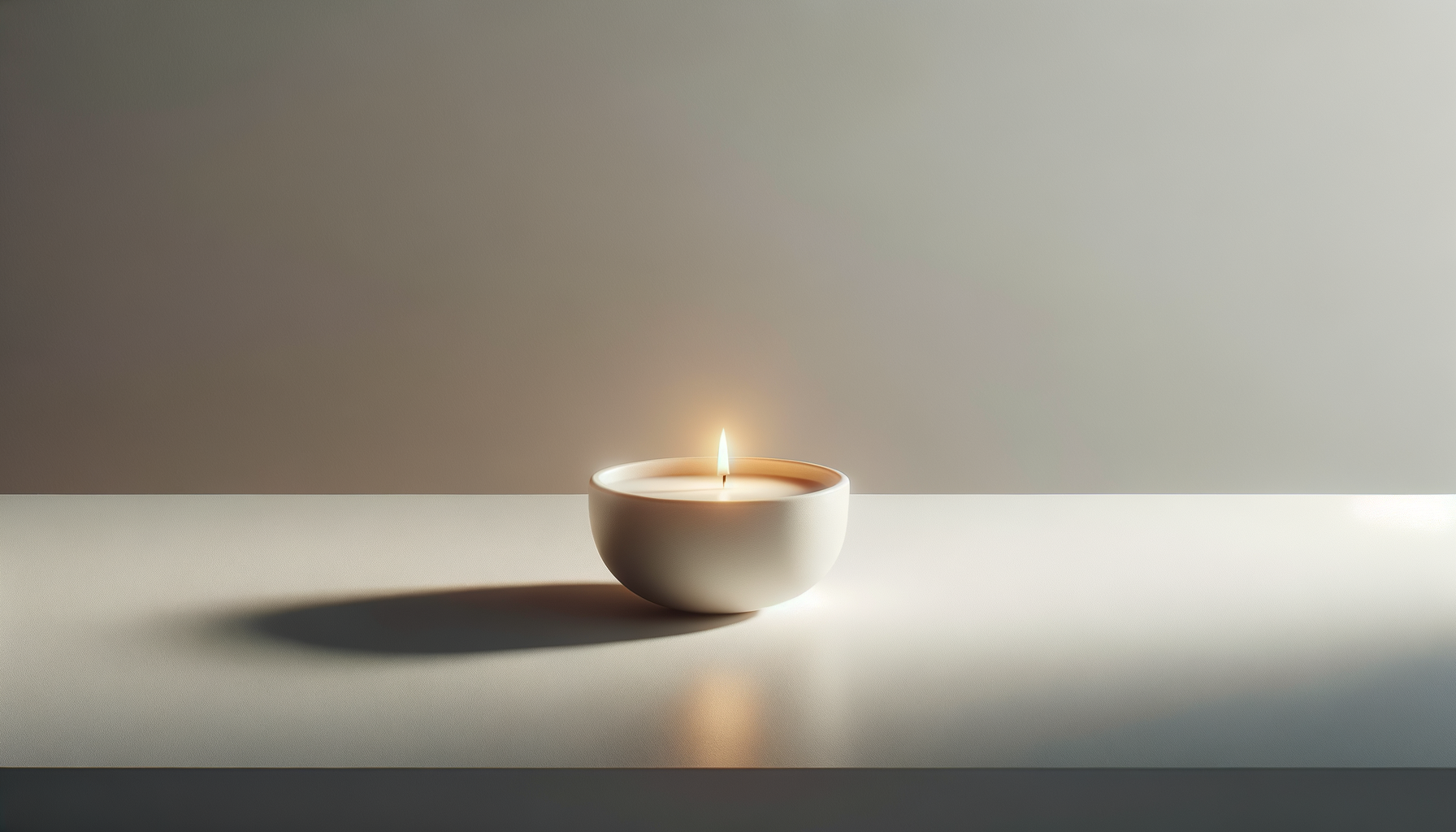 A lit white candle in a small ceramic bowl on a white surface with minimal shadows and a plain background.
