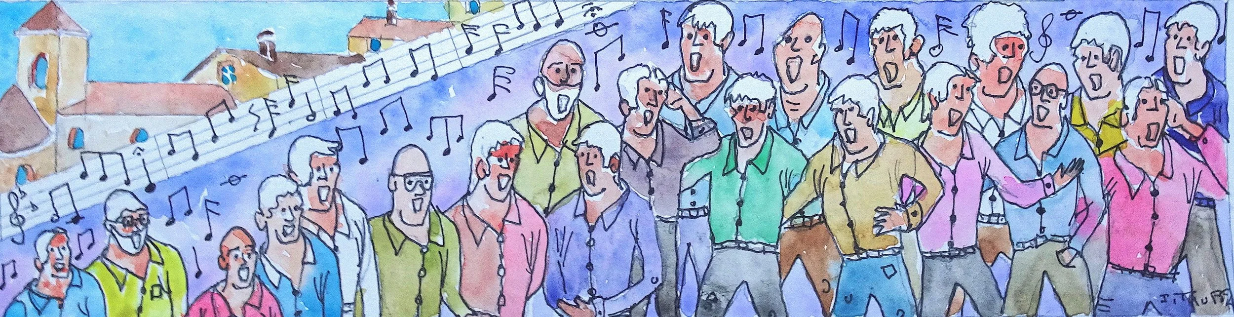 Une chorale de plusieurs personnes chantant ensemble, avec des notes de musique flottant dans l'air, dans un cadre urbain avec des bâtiments en arrière-plan.