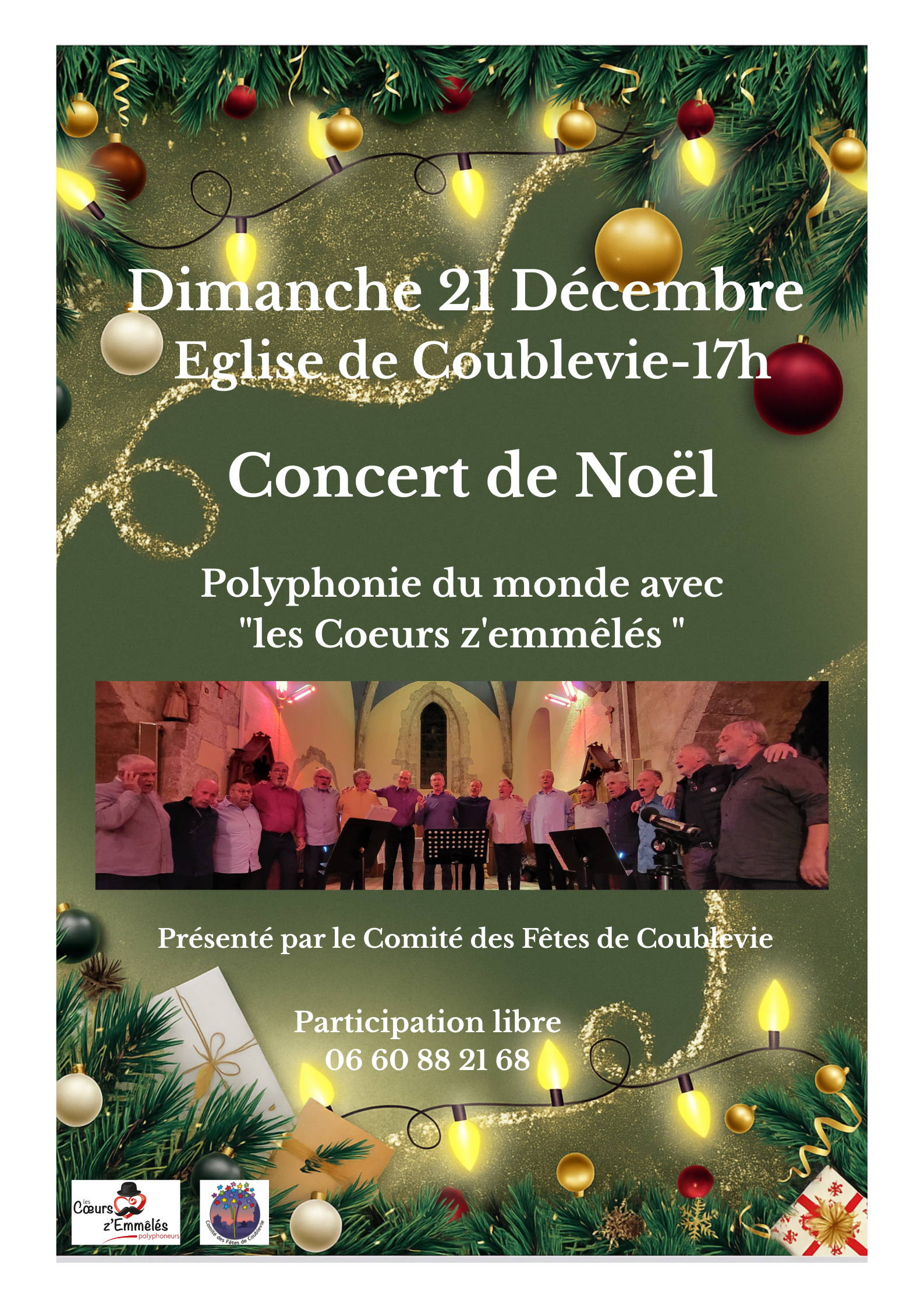 Affiche annonçant un concert de Noël le 21 décembre à l'église de Coublevie à 17 heures, avec la polyphonie du monde "les Coeurs z'emmêlés", présenté par le comité des fêtes, avec une photo du groupe de chanteurs et des décorations de Noël autour de l'affiche.
