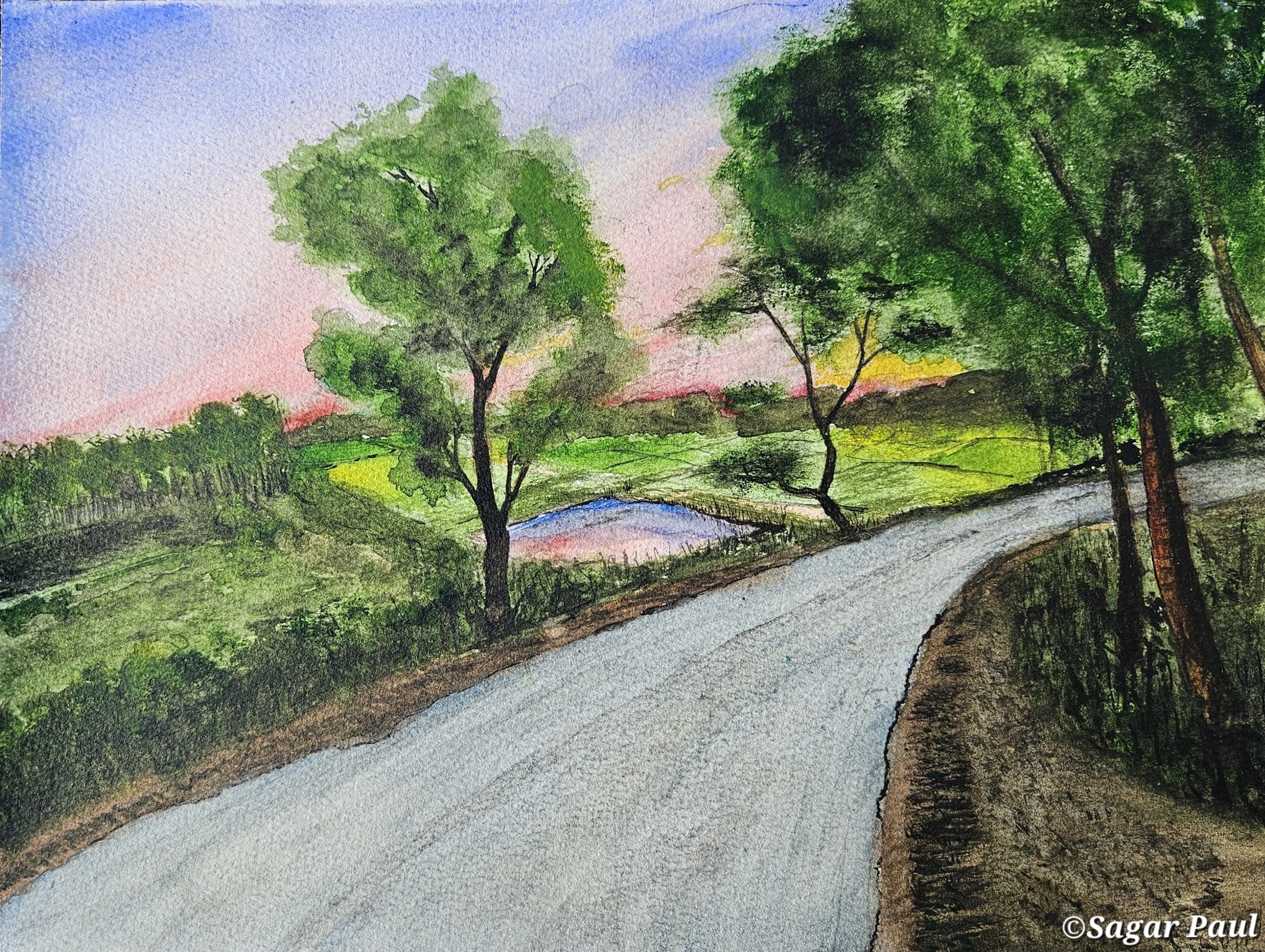 A watercolor painting of a road by green fields and a pond