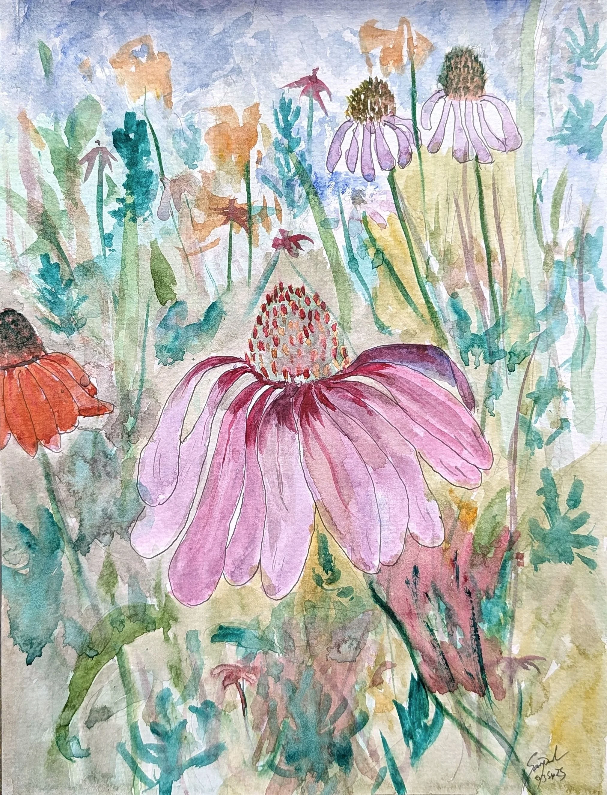 Watercolor painting of various wildflowers, including purple coneflowers, black-eyed Susans, and other colorful blooms amidst green foliage.