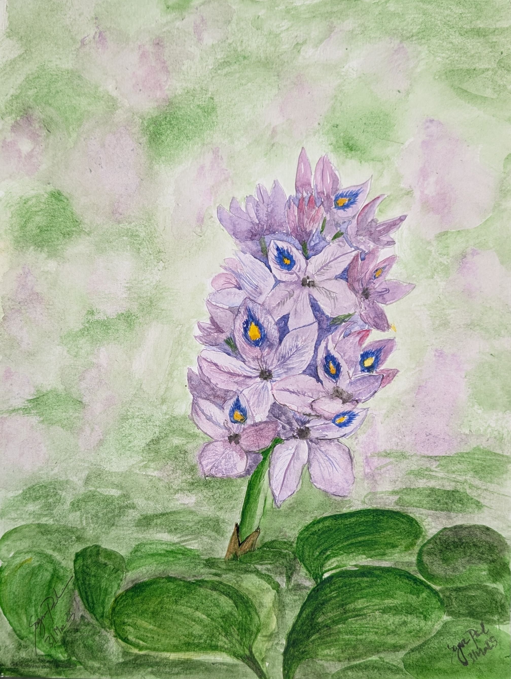 A watercolor painting of a purple flower with green leaves and a textured green background.
