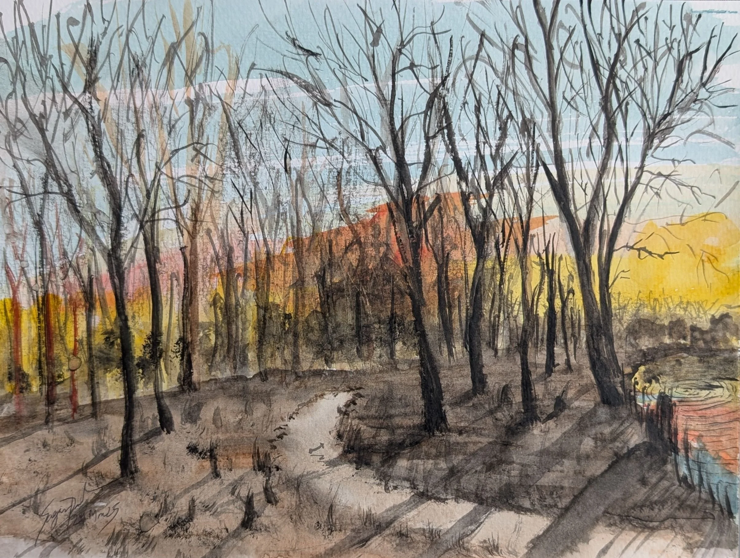 A watercolor painting of a natural landscape with a dirt path, leafless trees, and colorful foliage in the background. The scene appears to depict autumn or early winter, with a distant mountain and a water body on the right side.