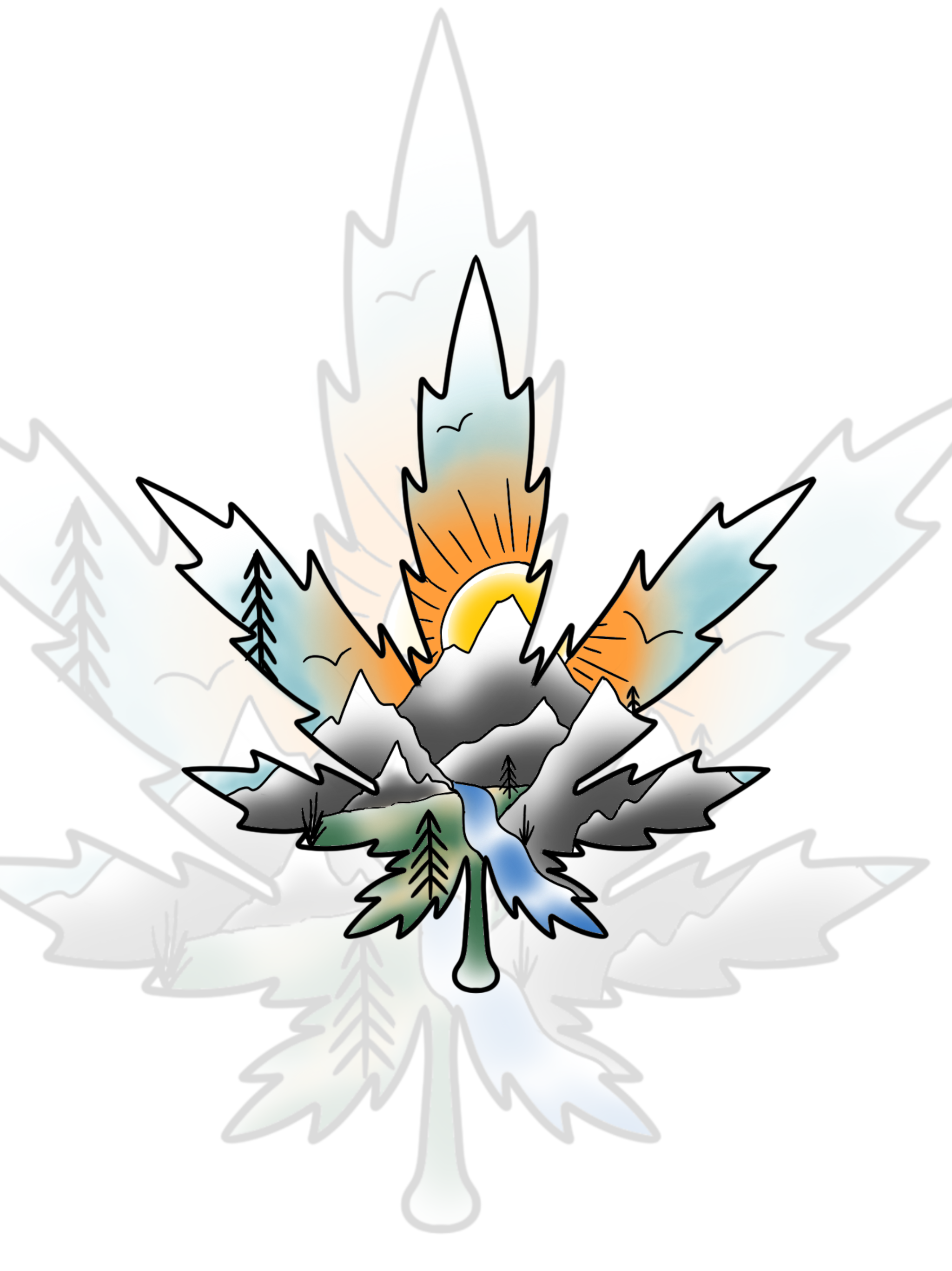 Leaf with mountain scene