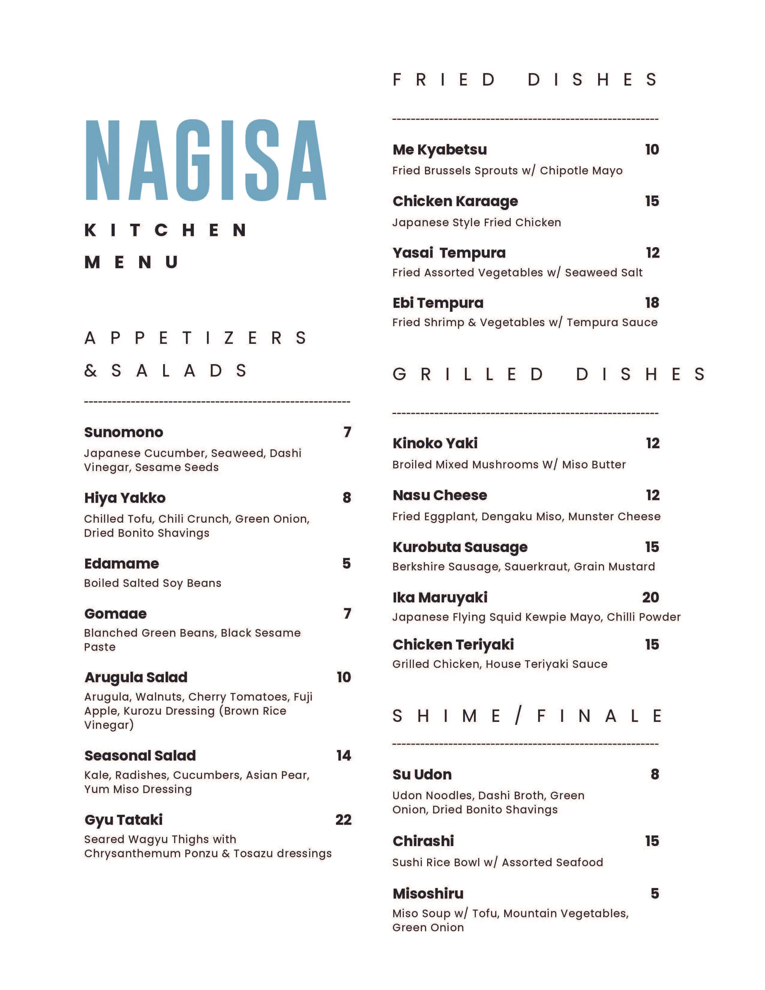 Nagisa Kitchen Menu with sections for fried dishes, grilled dishes, and shime/finale, including items like fried Brussels sprouts, Japanese style fried chicken, fried assorted vegetables, fried shrimp, broiled mushrooms, fried eggplant, sausage, Japanese flying squid, grilled chicken, seafood rice bowl, udon, sushi bowl, and miso soup.