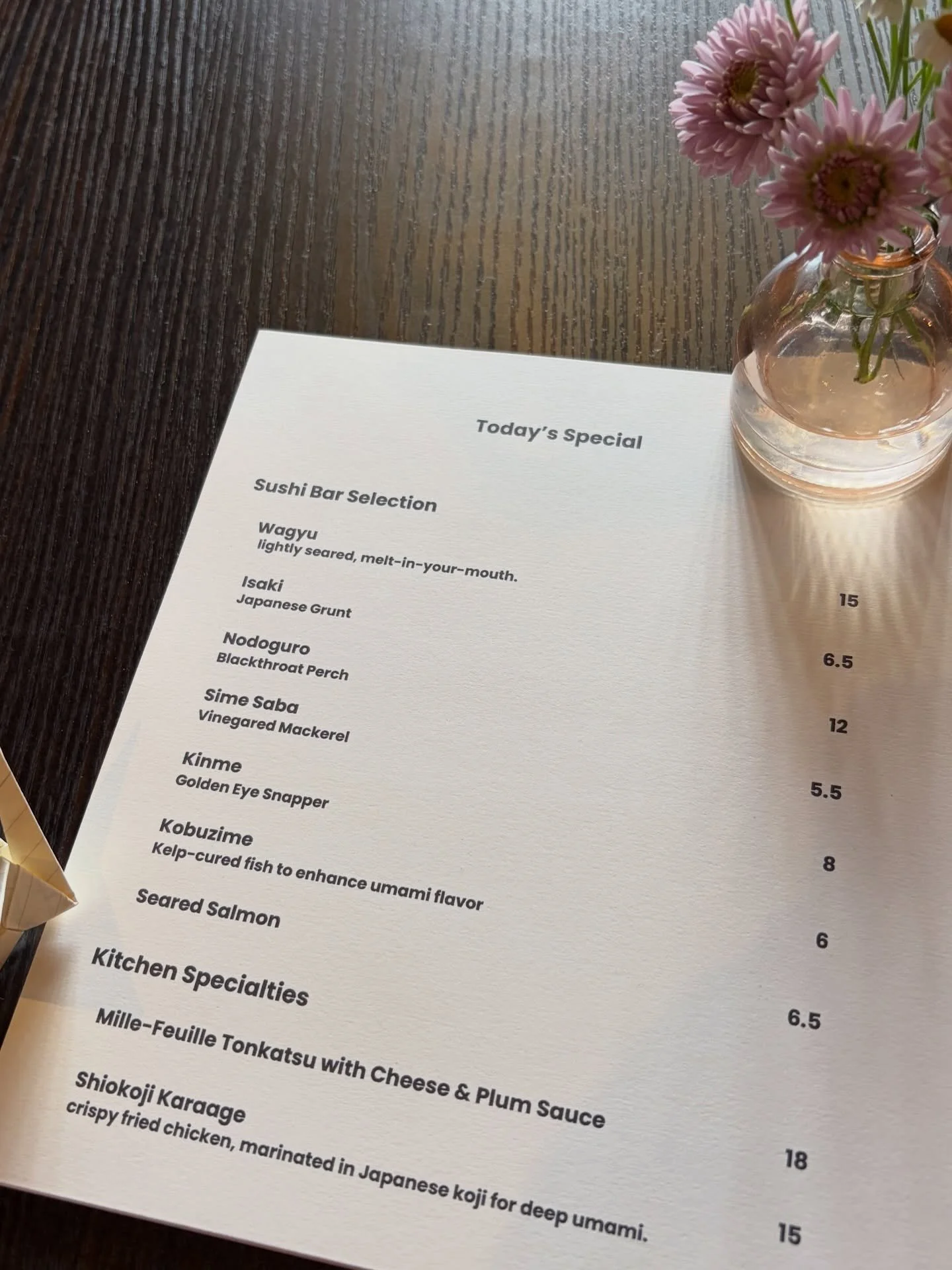 Today&rsquo;s Special at Nagisa
From melt-in-your-mouth Wagyu to delicate Isaki and rich Nodoguro, our sushi bar is showcasing some of Japan&rsquo;s finest seasonal selections.
Finished with house-crafted touches like kobujime and perfectly seared sa