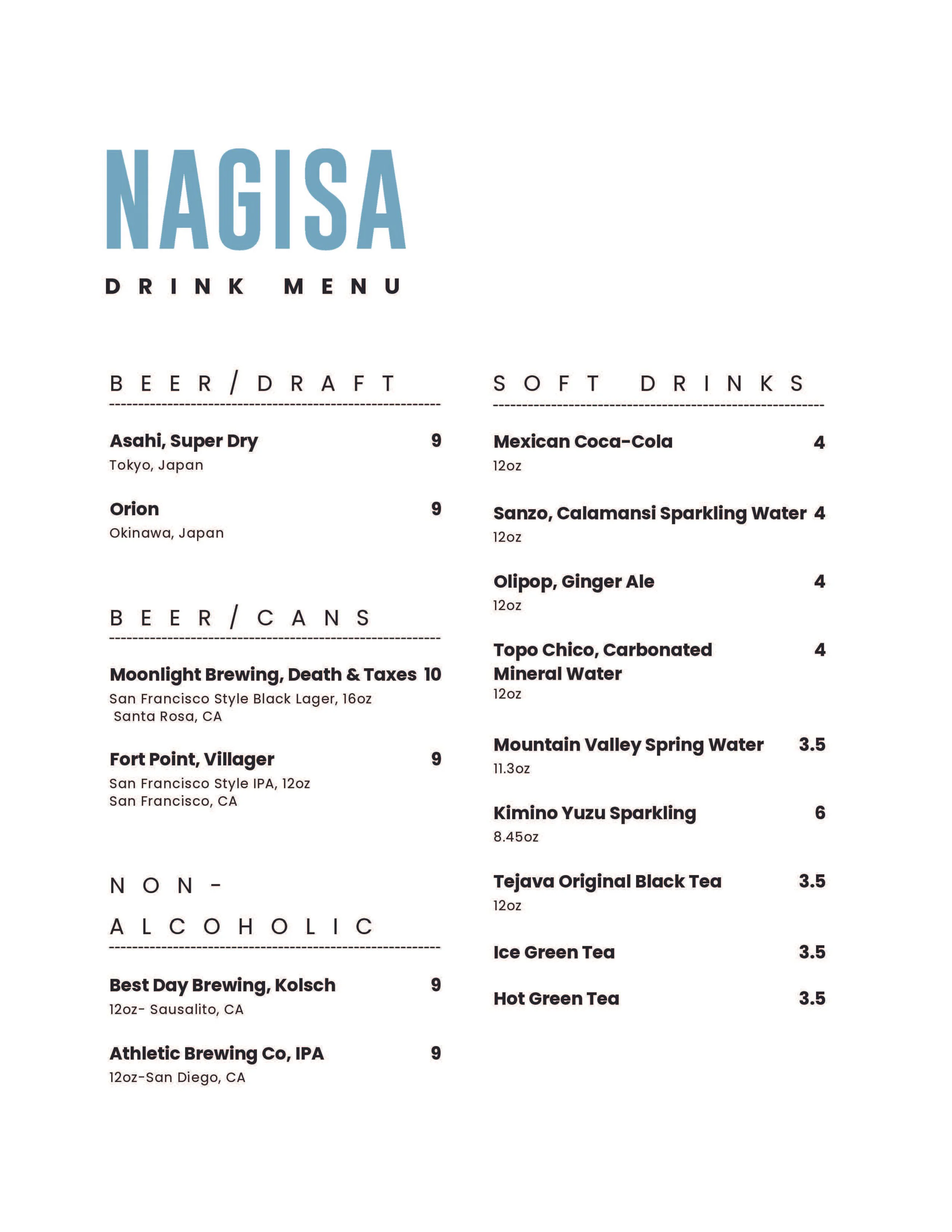 NAGISA drink menu with beer, craft, non-alcoholic drinks, and soft drinks.