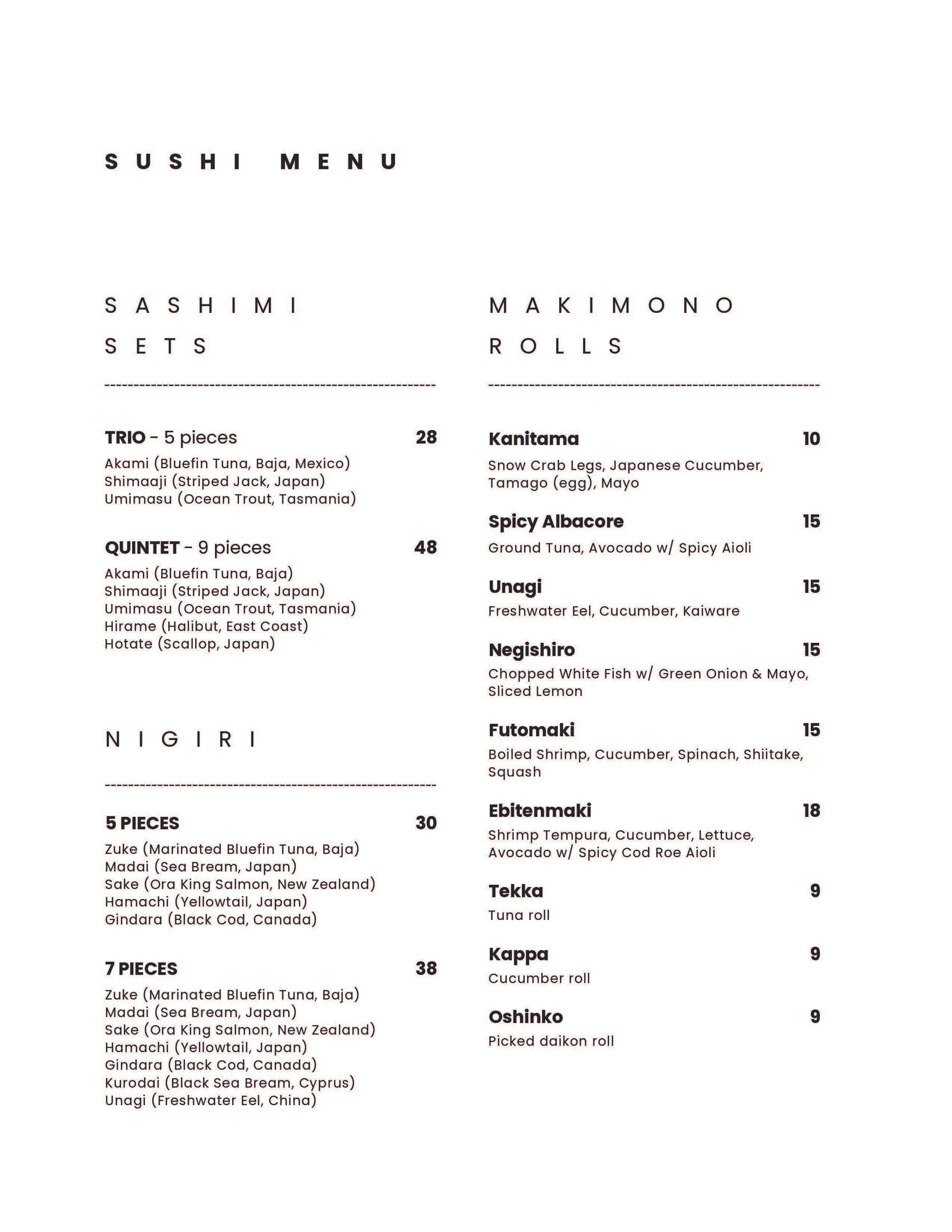 Sushi menu with sections for sashimi, sets, nigiri, makimono rolls, and their descriptions and prices.